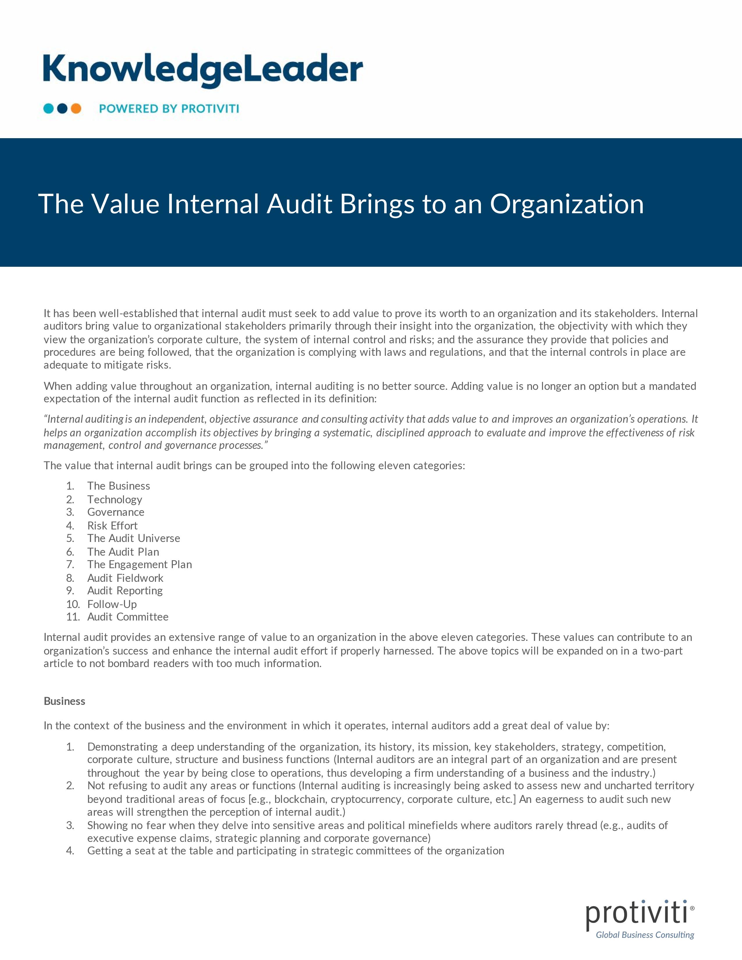 screenshot of the first page of The Value Internal Audit Brings to an Organization