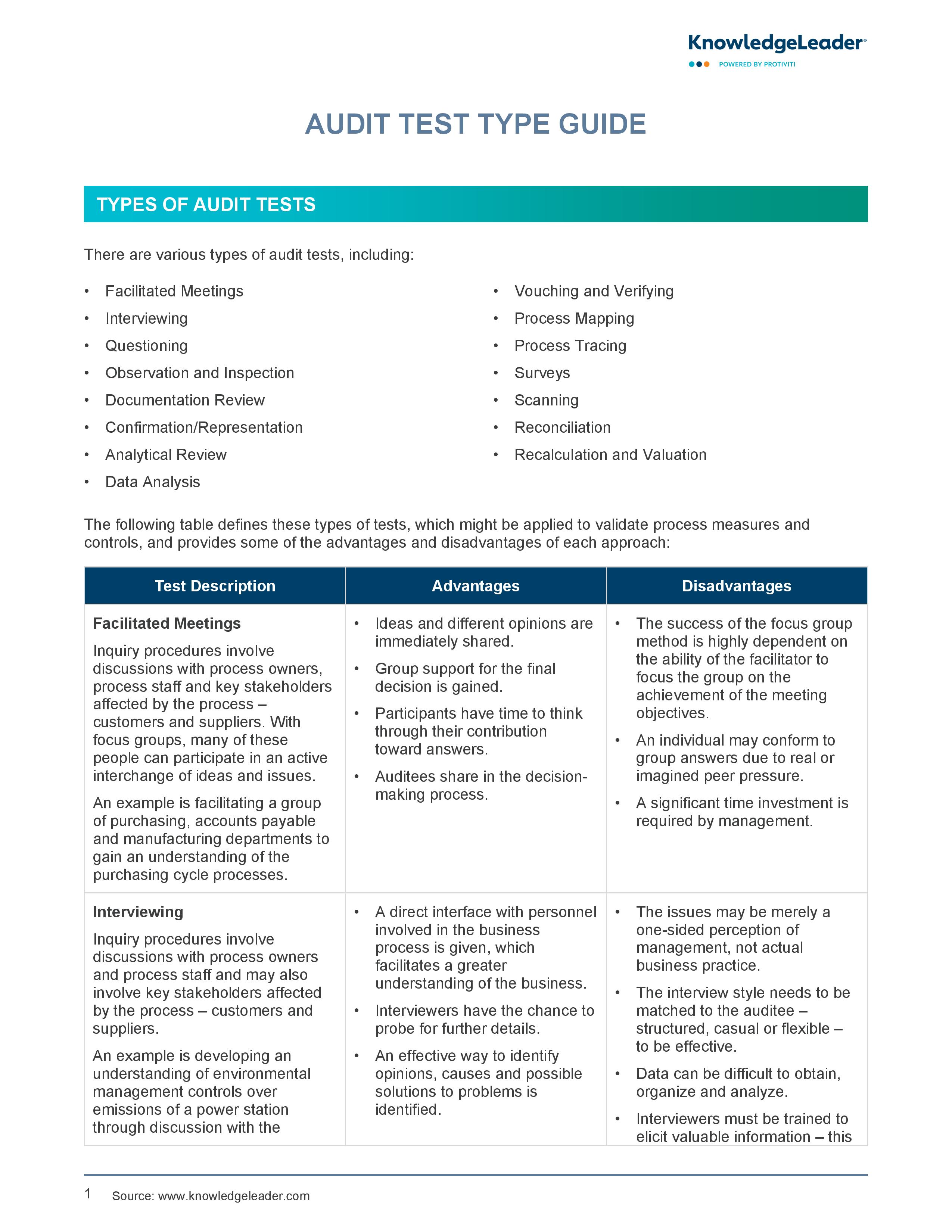 screenshot of the first page of Audit Test Type Guide