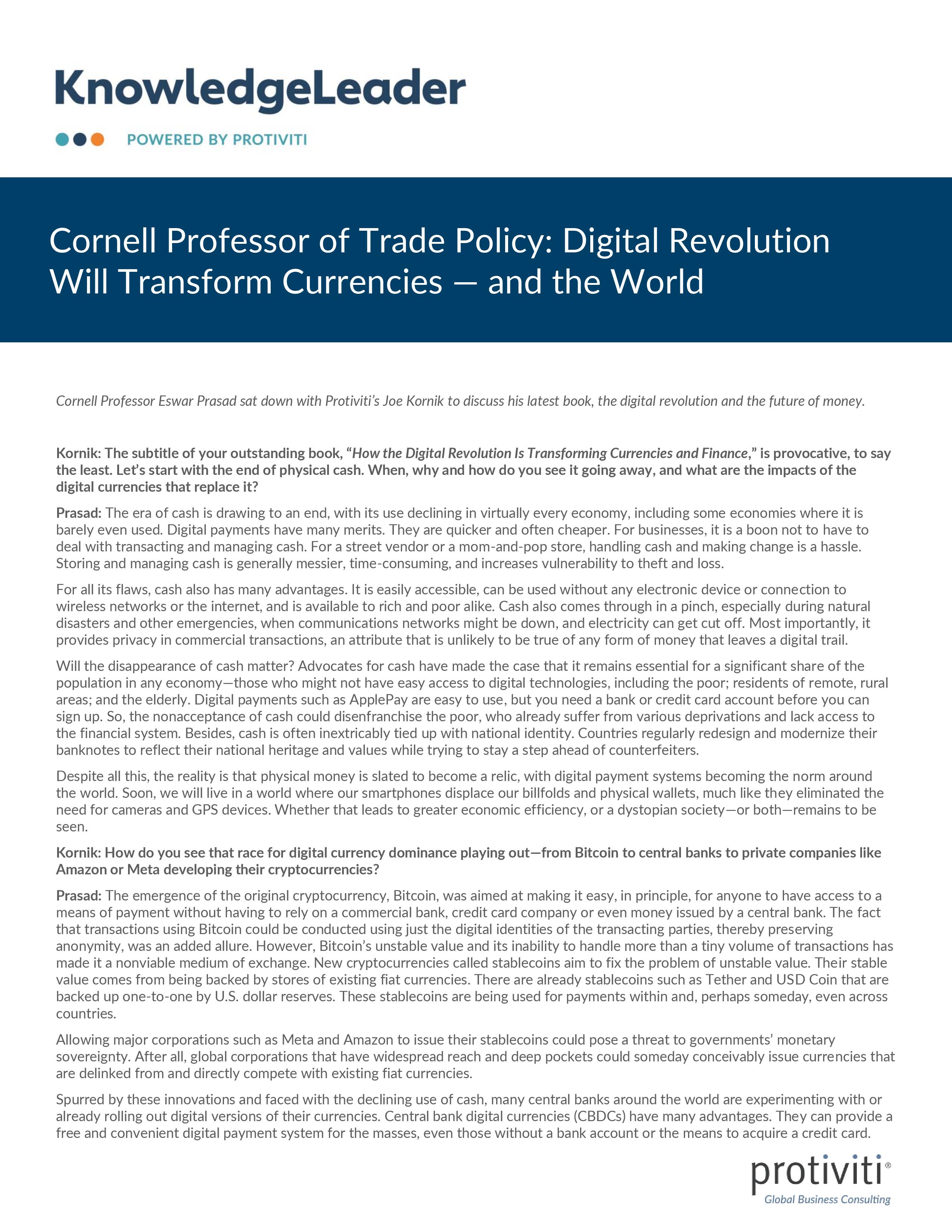 Screenshot of the first page of Cornell Professor of Trade Policy Digital Revolution Will Transform Currencies—and the World