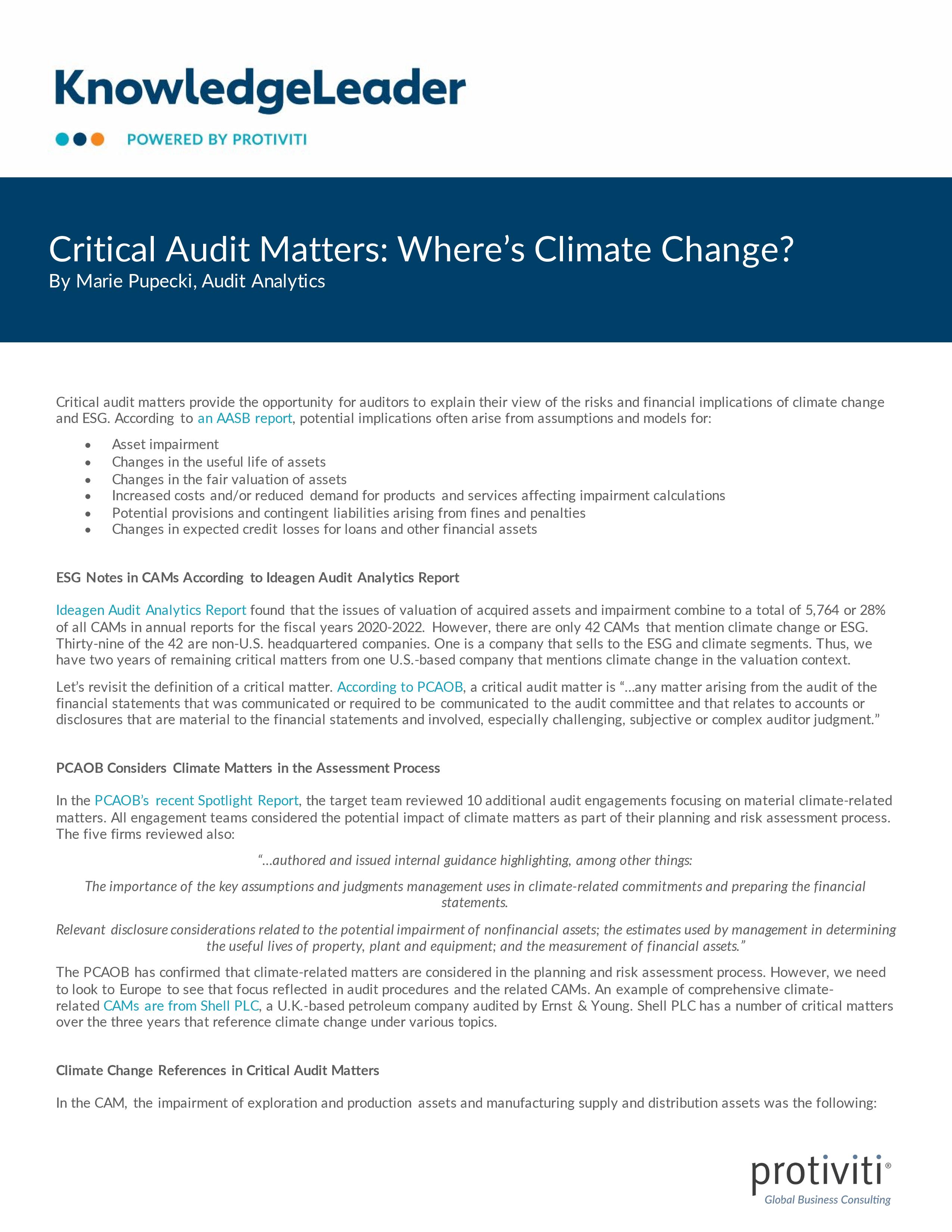 screenshot of the first page of Critical Audit Matters Where’s Climate Change