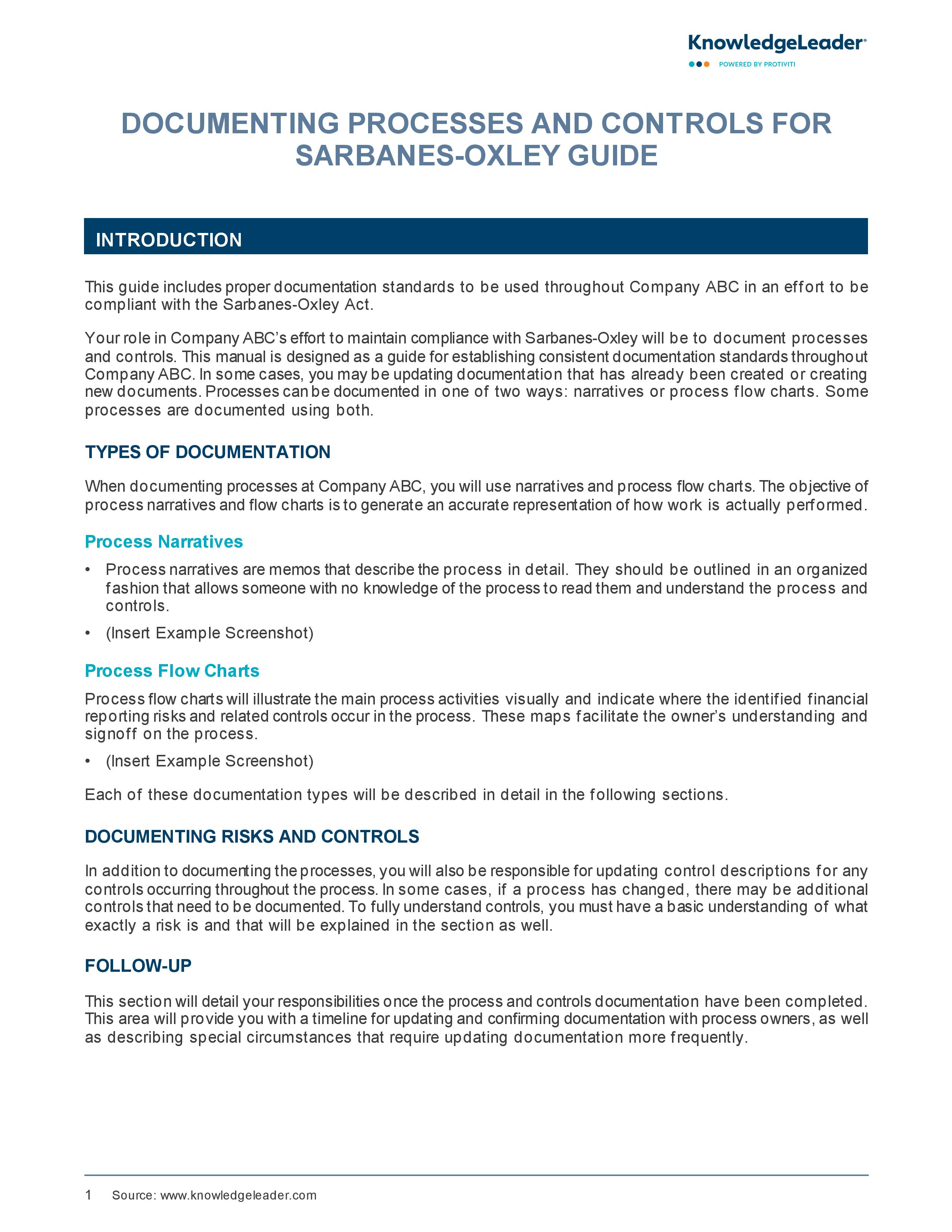 screenshot of the first page of Documenting Processes and Controls for Sarbanes-Oxley Guide