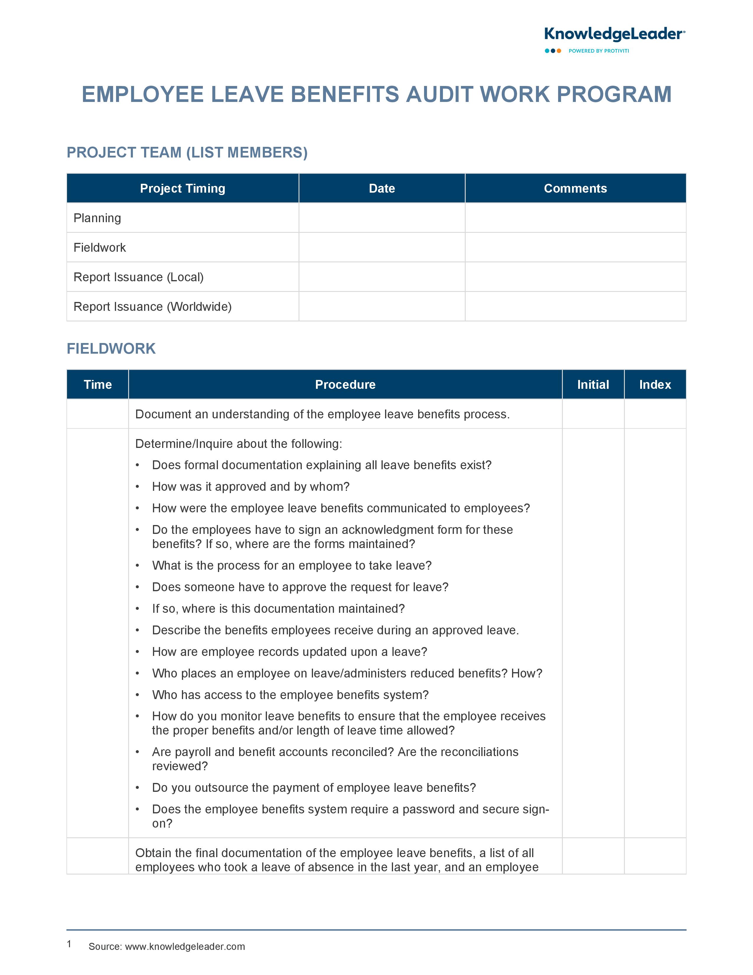 screenshot of the first page of Employee Leave Benefits Audit Work Program