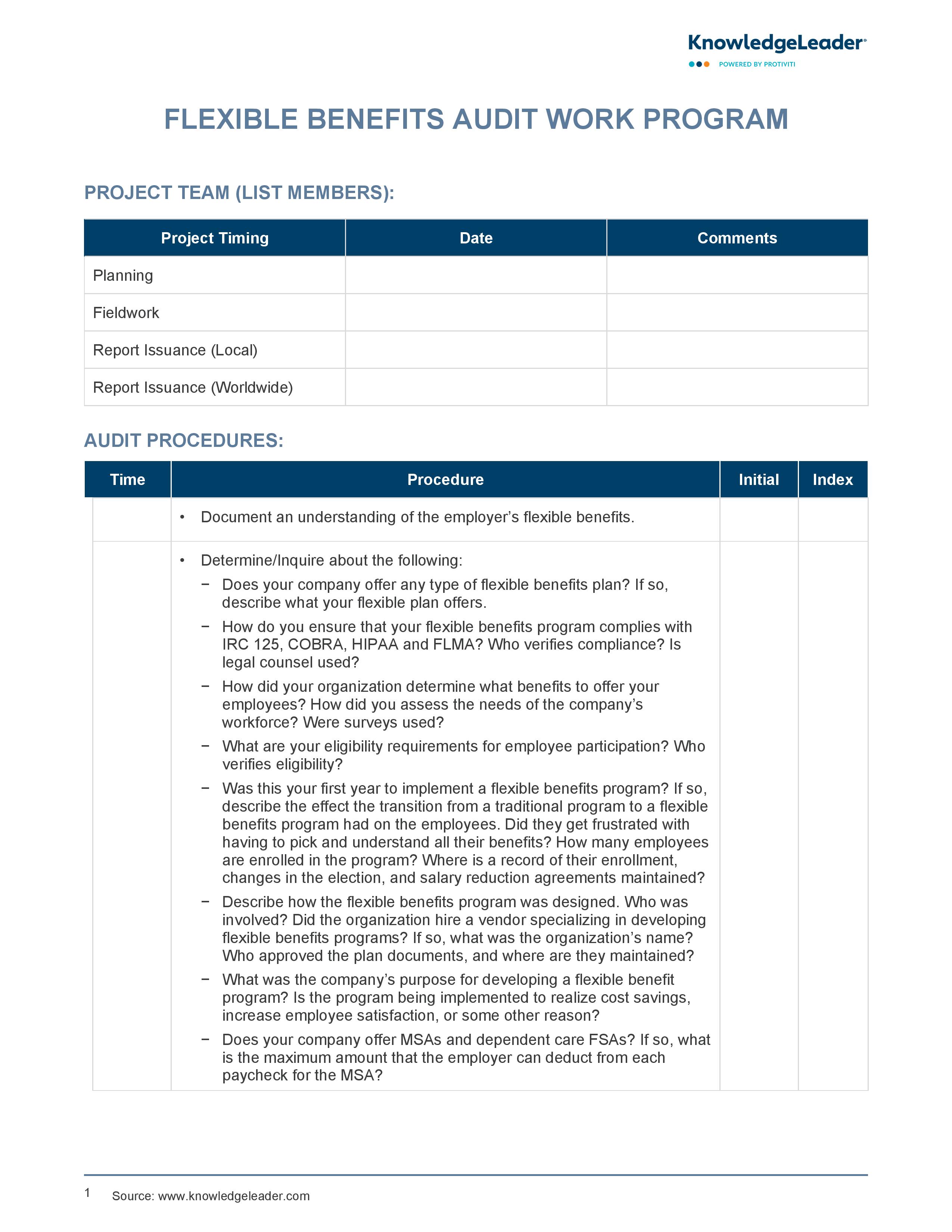 screenshot of the first page of Flexible Benefits Audit Work Program.