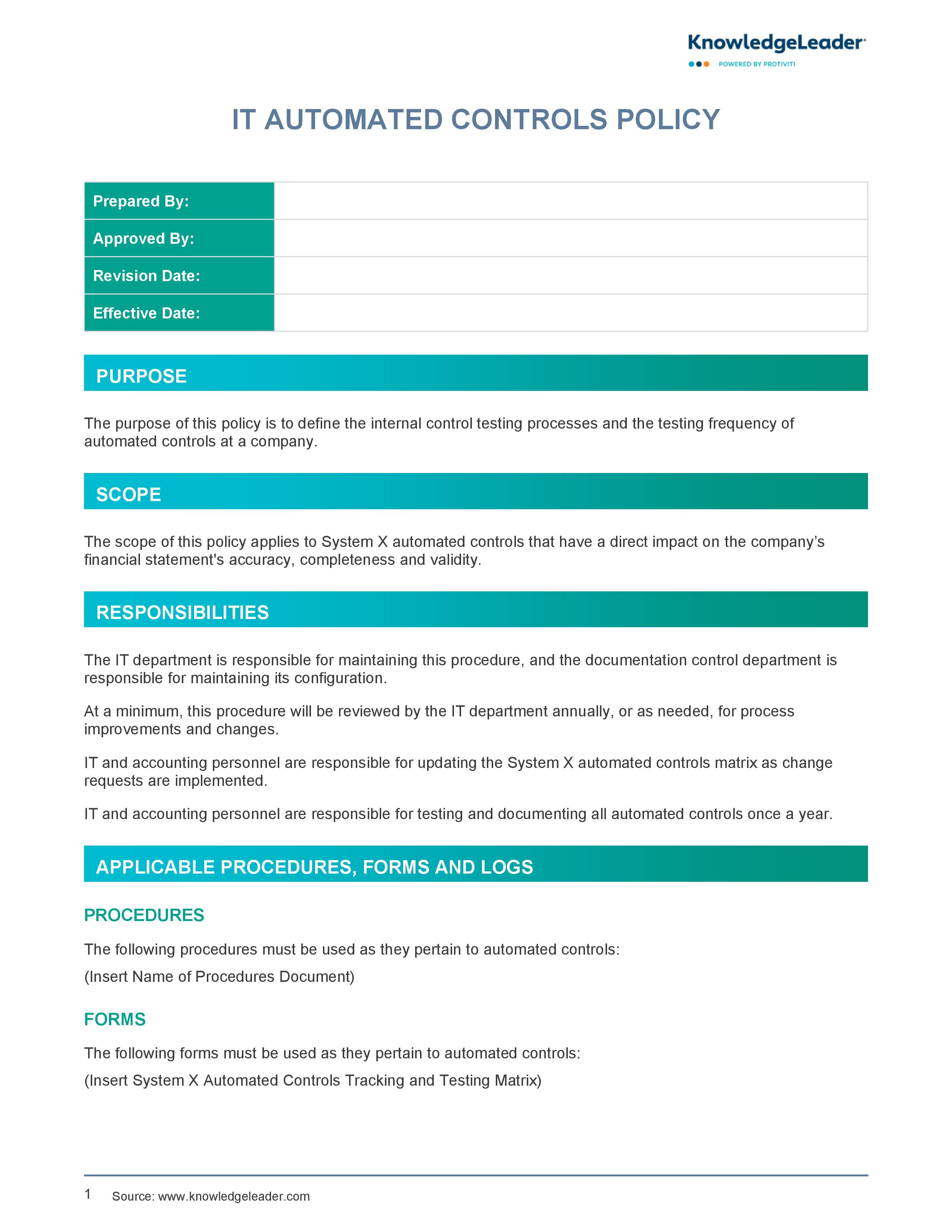 Screenshot of the first page of IT Automated Controls Policy