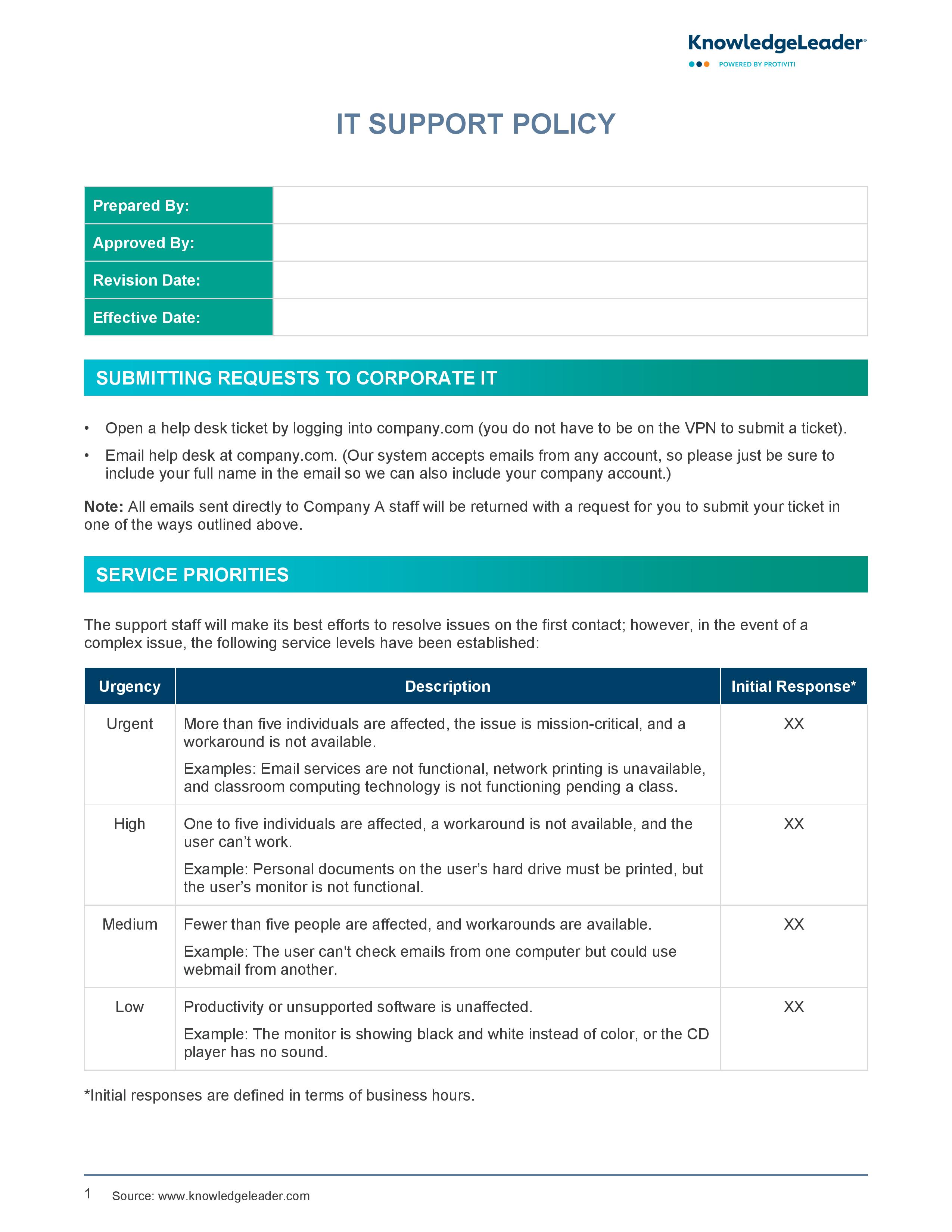 screenshot of the first page of IT Support Policy