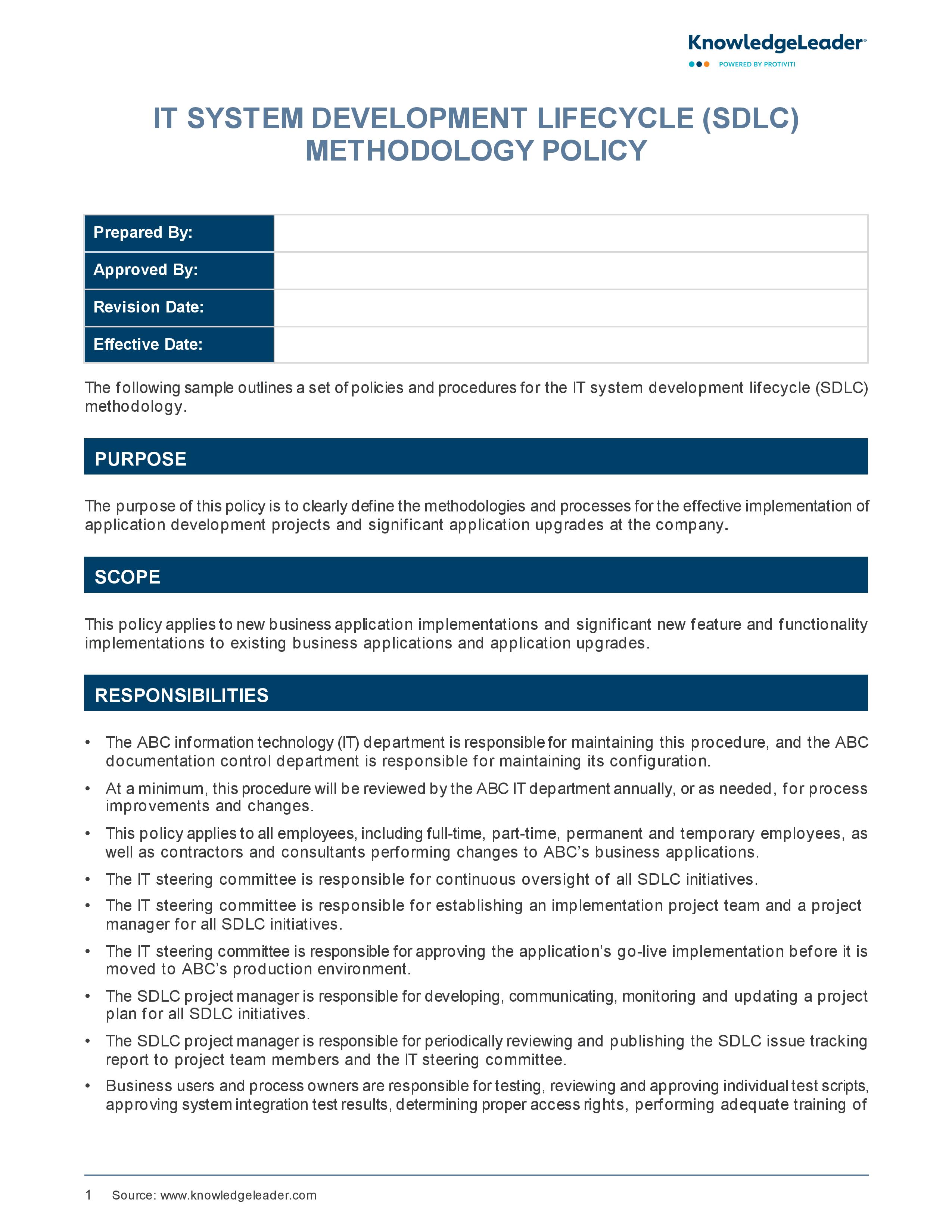 screenshot of the first page of IT System Development Life Cycle Methodology Policy