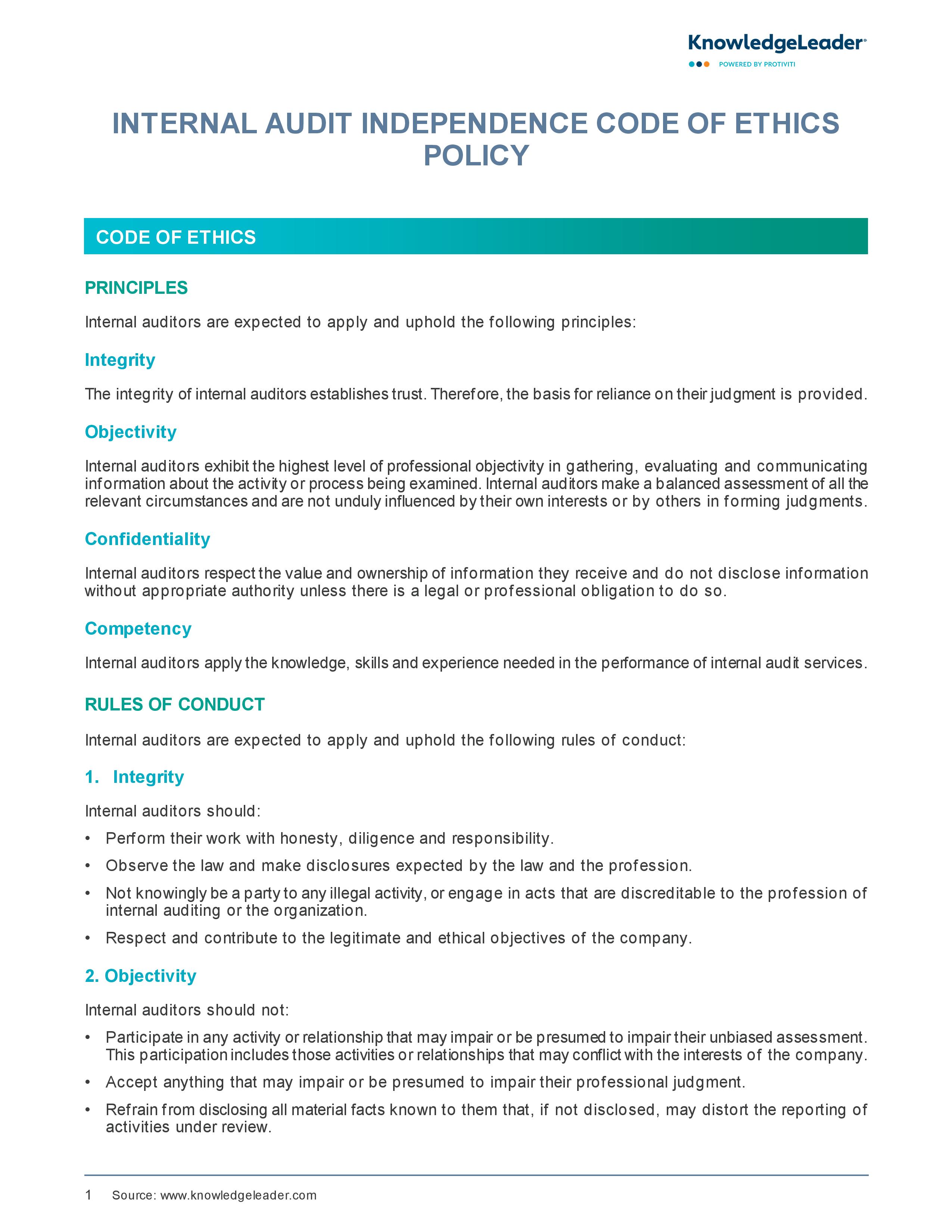 screenshot of the first page of Internal Audit Independence Code of Ethics Policy