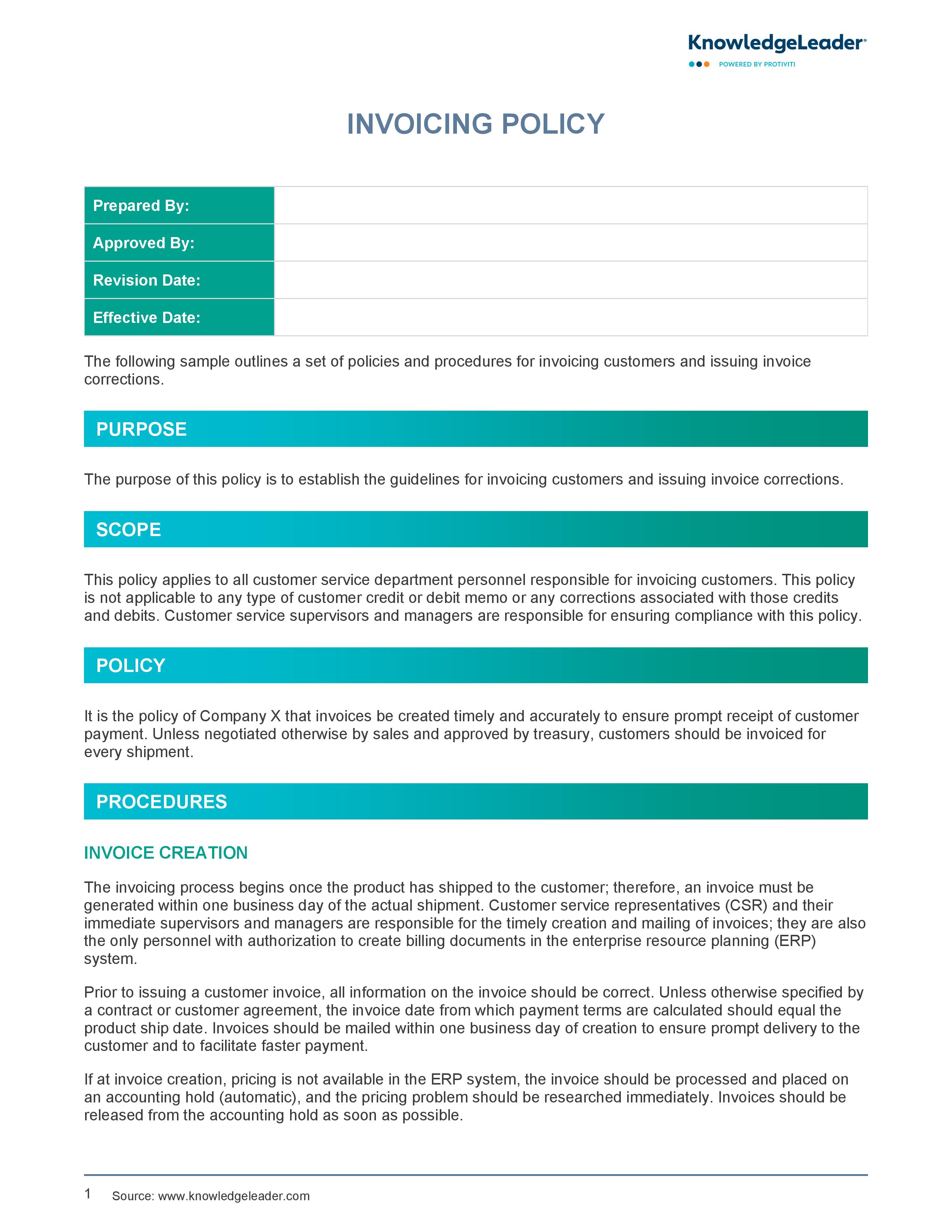 screenshot of the first page of Invoicing Policy