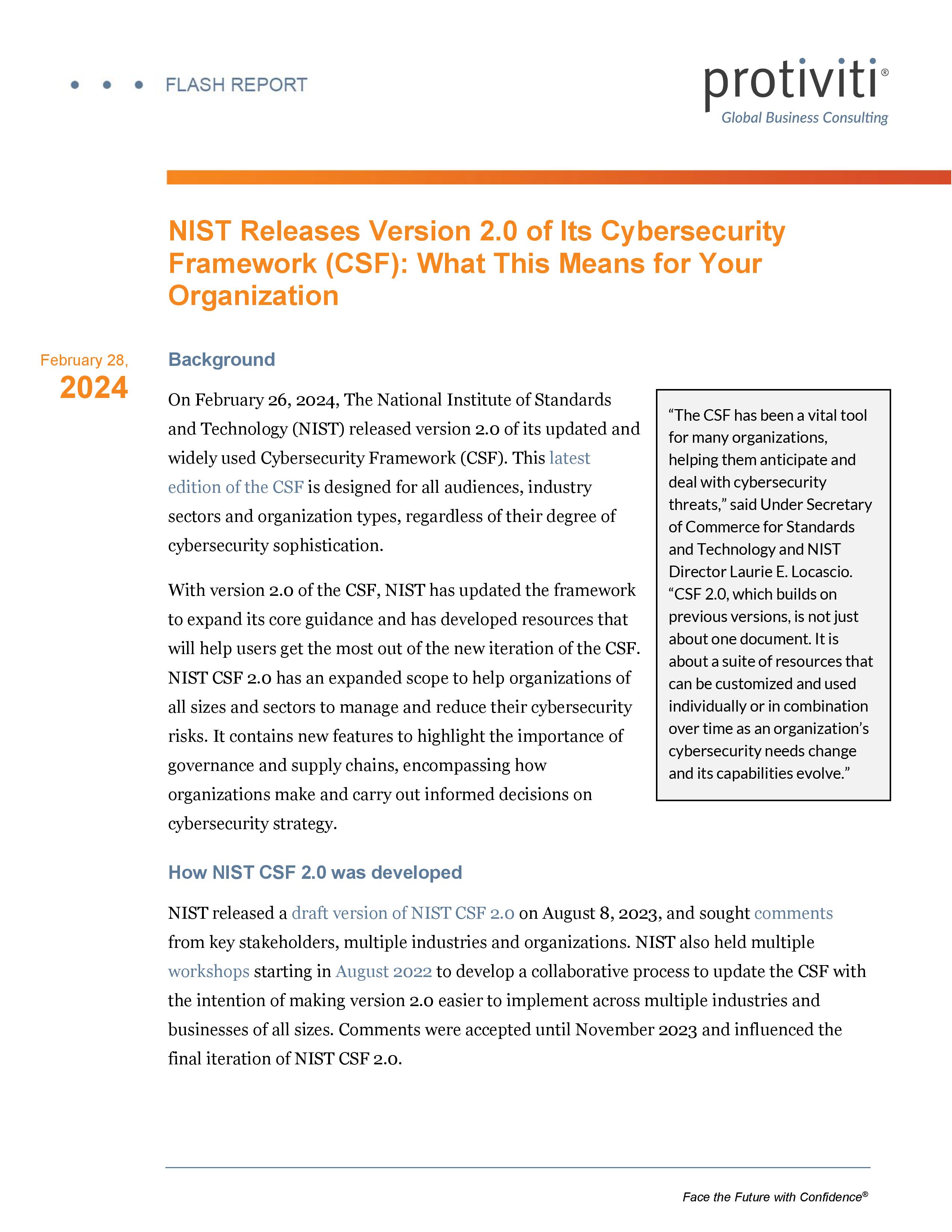 screenshot of the first page of NIST Releases Version 2.0 of Its Cybersecurity Framework (CSF) What This Means for Your Organization
