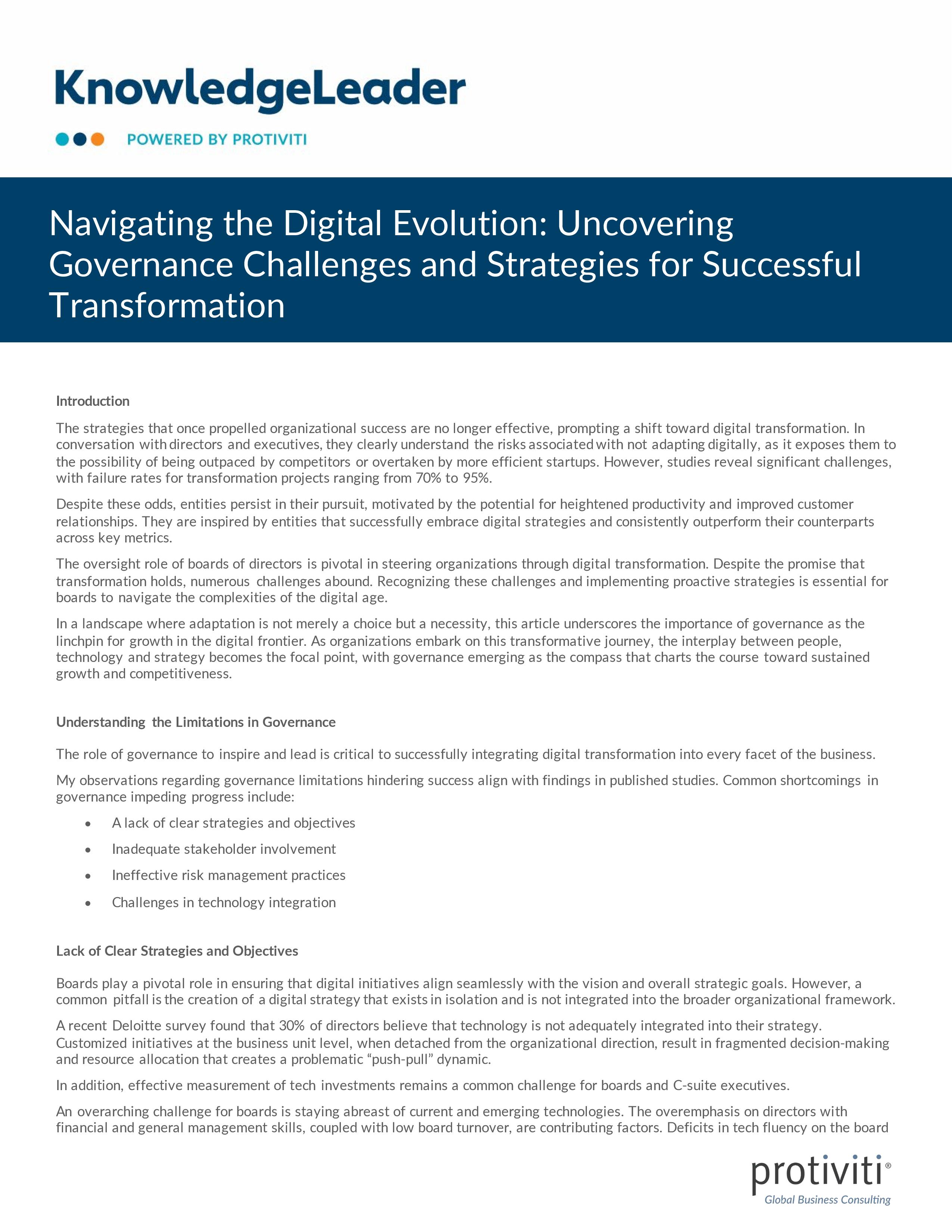 screenshot of the first page of Navigating the Digital Evolution Uncovering Governance Challenges and Strategies for Successful Transformation