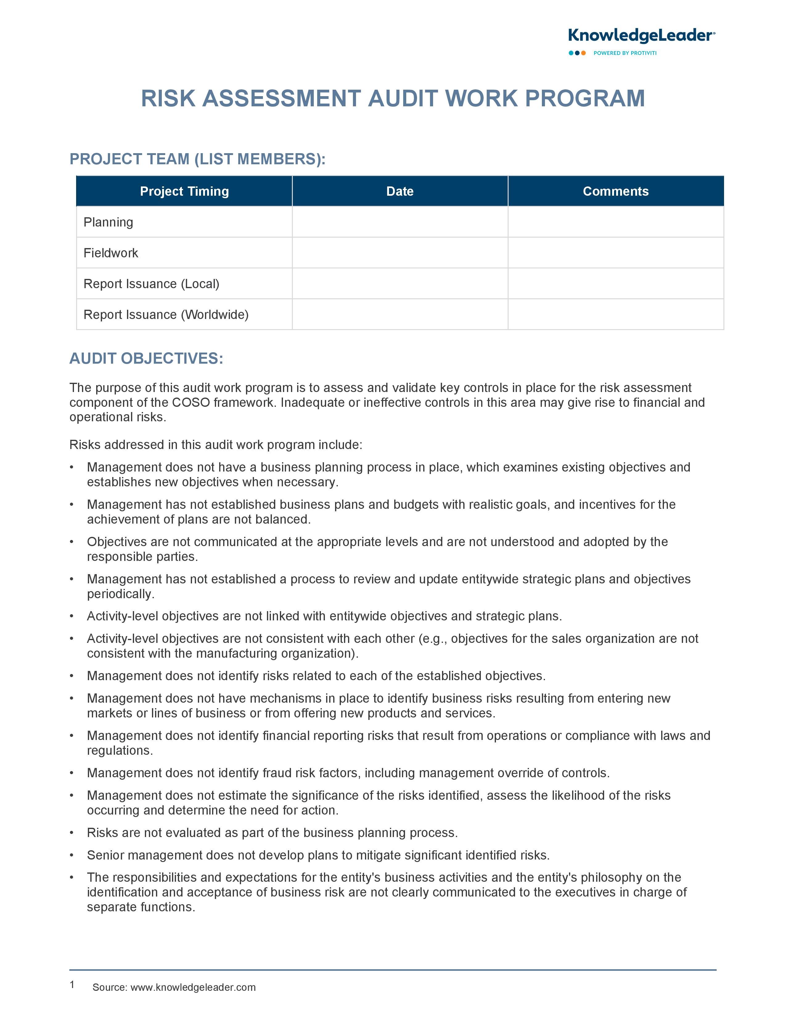 screenshot of the first page of Risk Assessment Audit Work Program