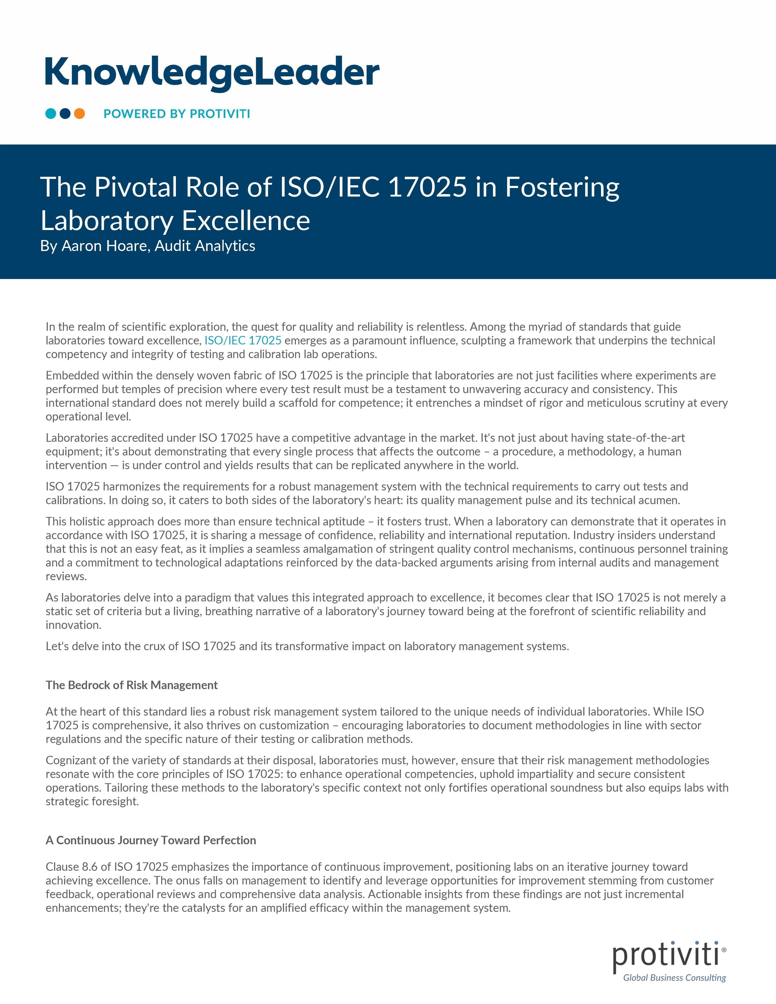 screenshot of the first page of The Pivotal Role of ISO IEC 17025 in Fostering Laboratory Excellence