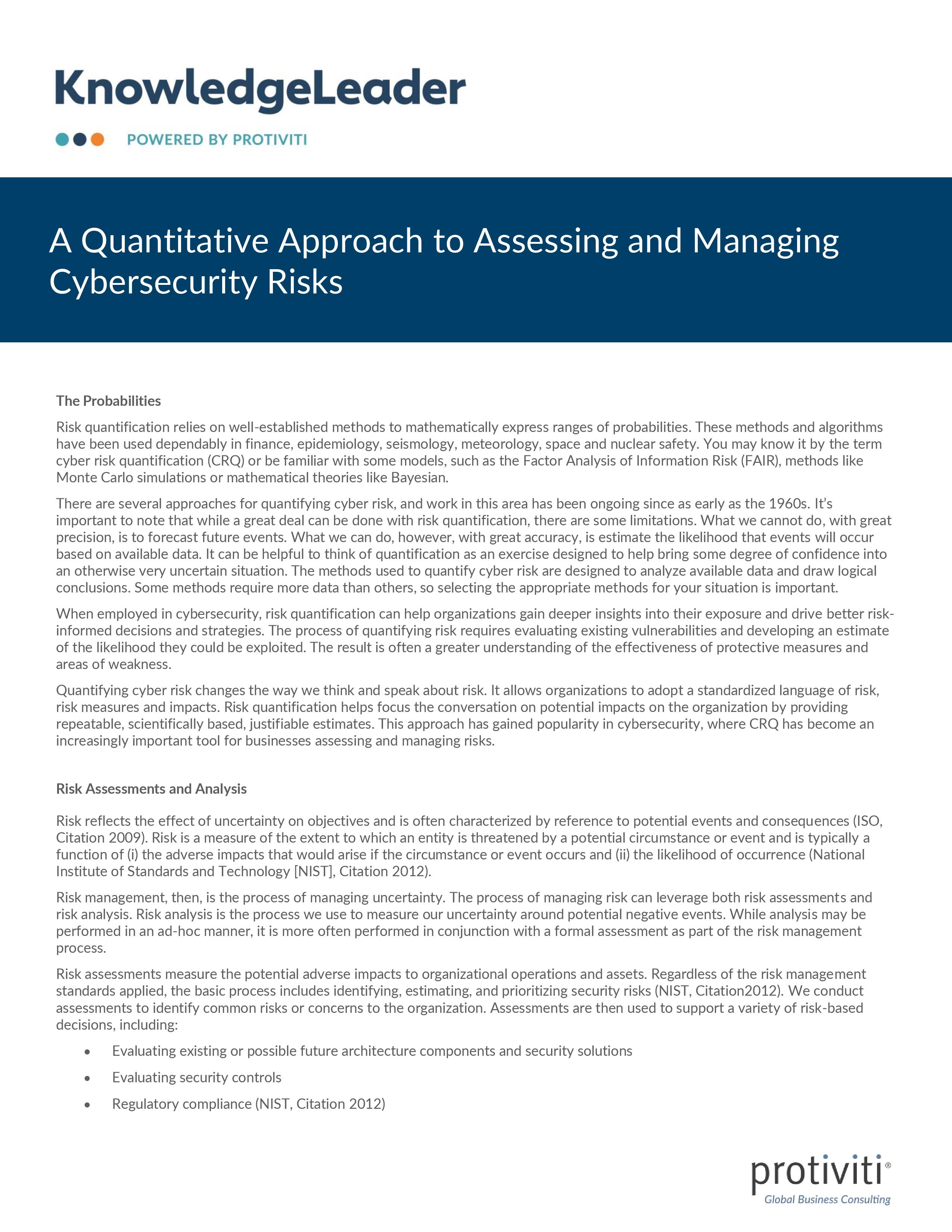 Screenshot of the first page of A Quantitative Approach to Assessing and Managing Cybersecurity Risks