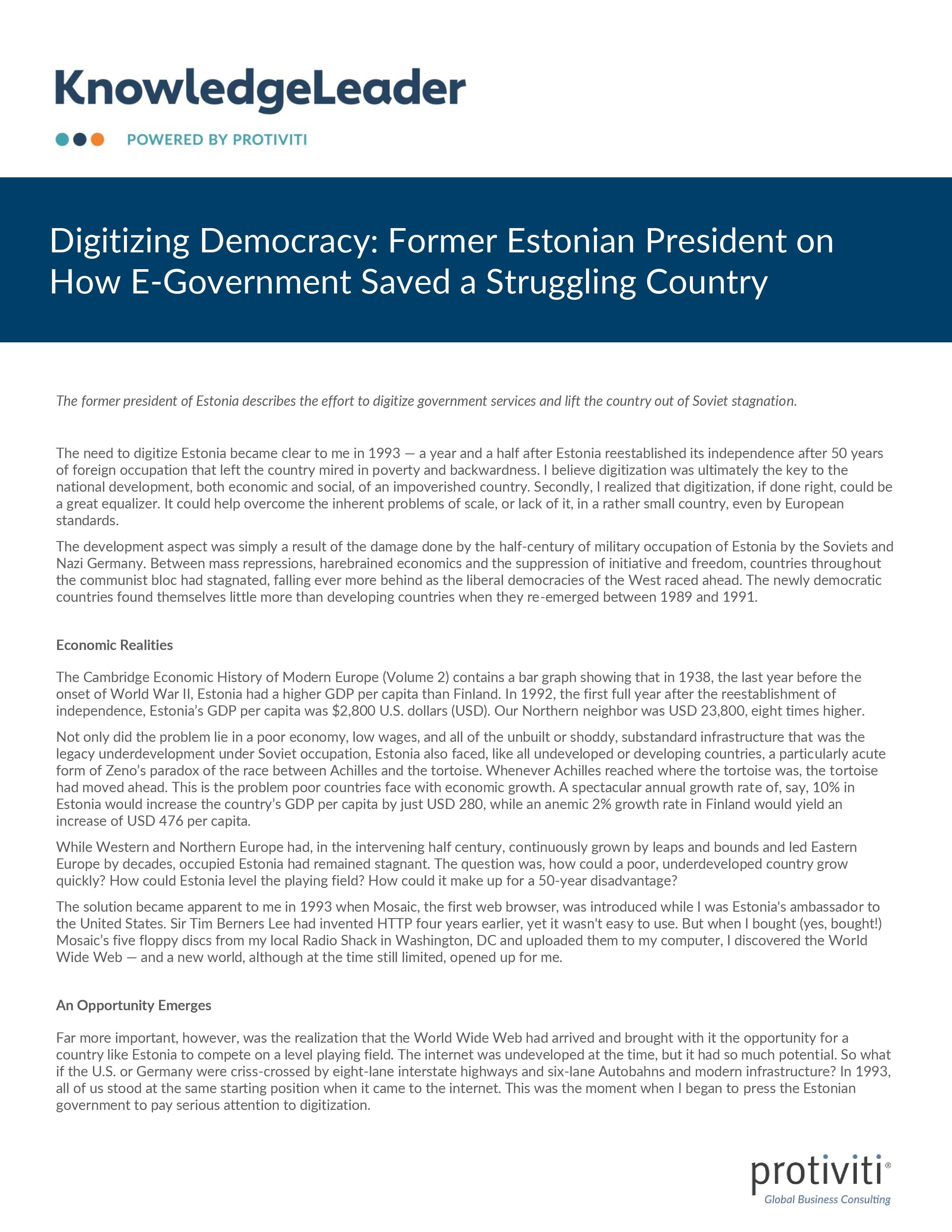 Screenshot of the first page of Digitizing Democracy Former Estonian President on How E-Government Saved a Struggling Country