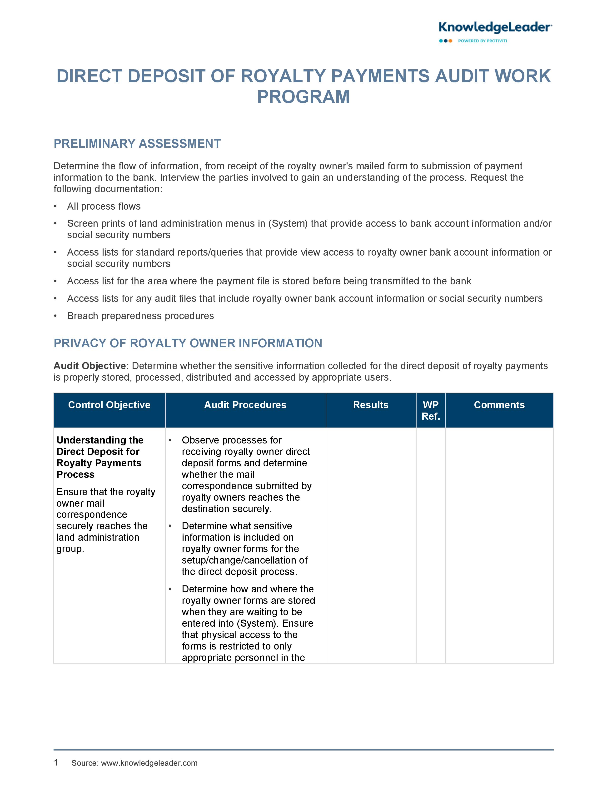 Screenshot of the first page of Direct Deposit of Royalty Payments Audit Work Program