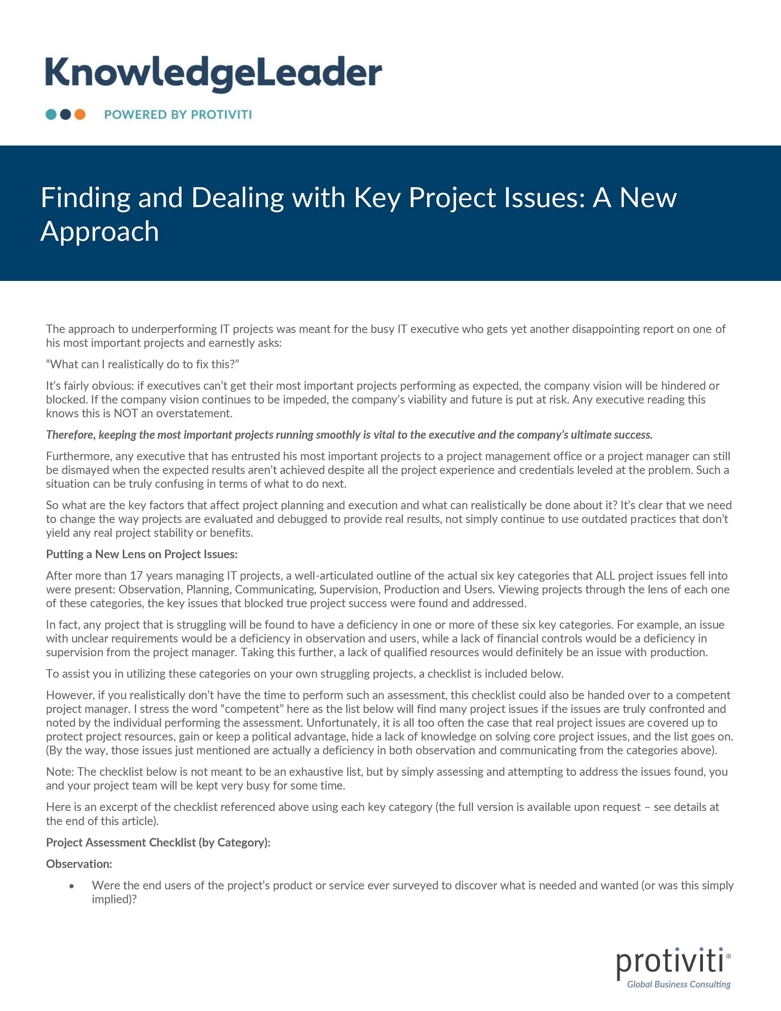 Screenshot of the first page of Finding and Dealing with Key Project Issues A New Approach