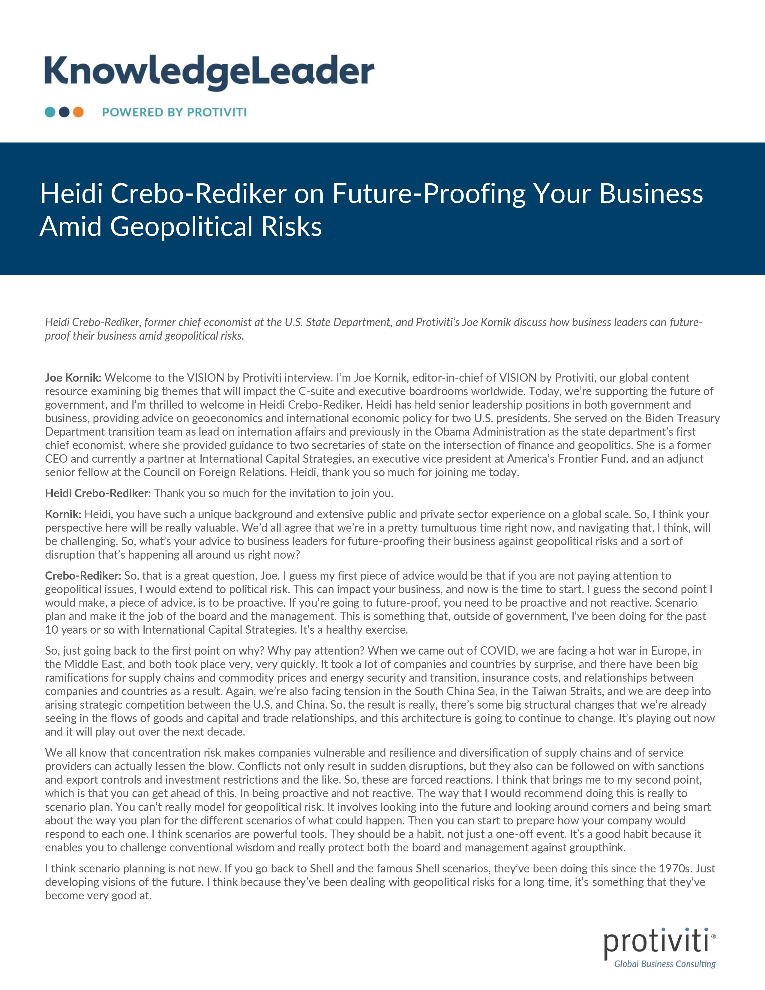 Screenshot of the first page of Heidi Crebo-Rediker on Future-Proofing Your Business Amid Geopolitical Risks