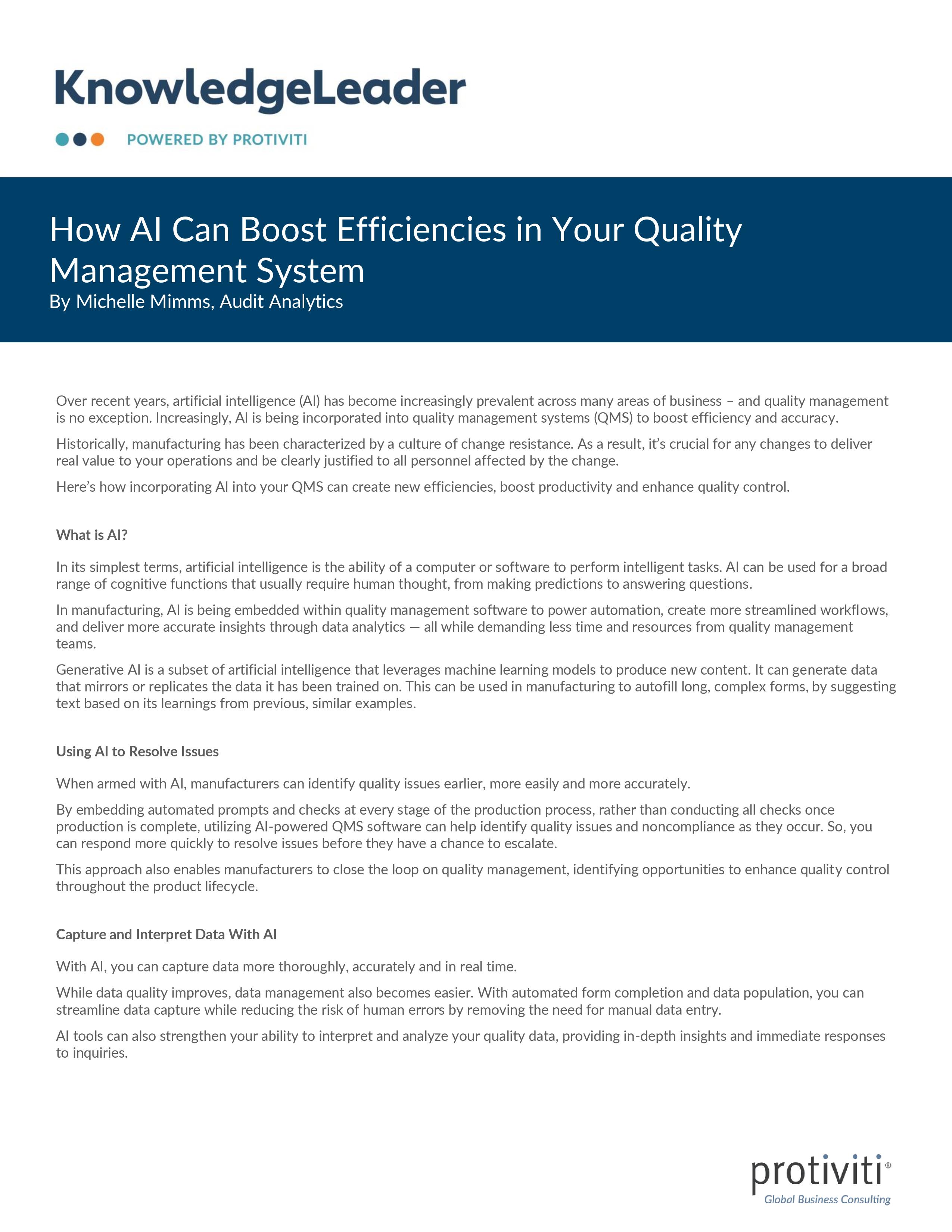 Screenshot of the first page of How AI Can Boost Efficiencies in Your Quality Management System