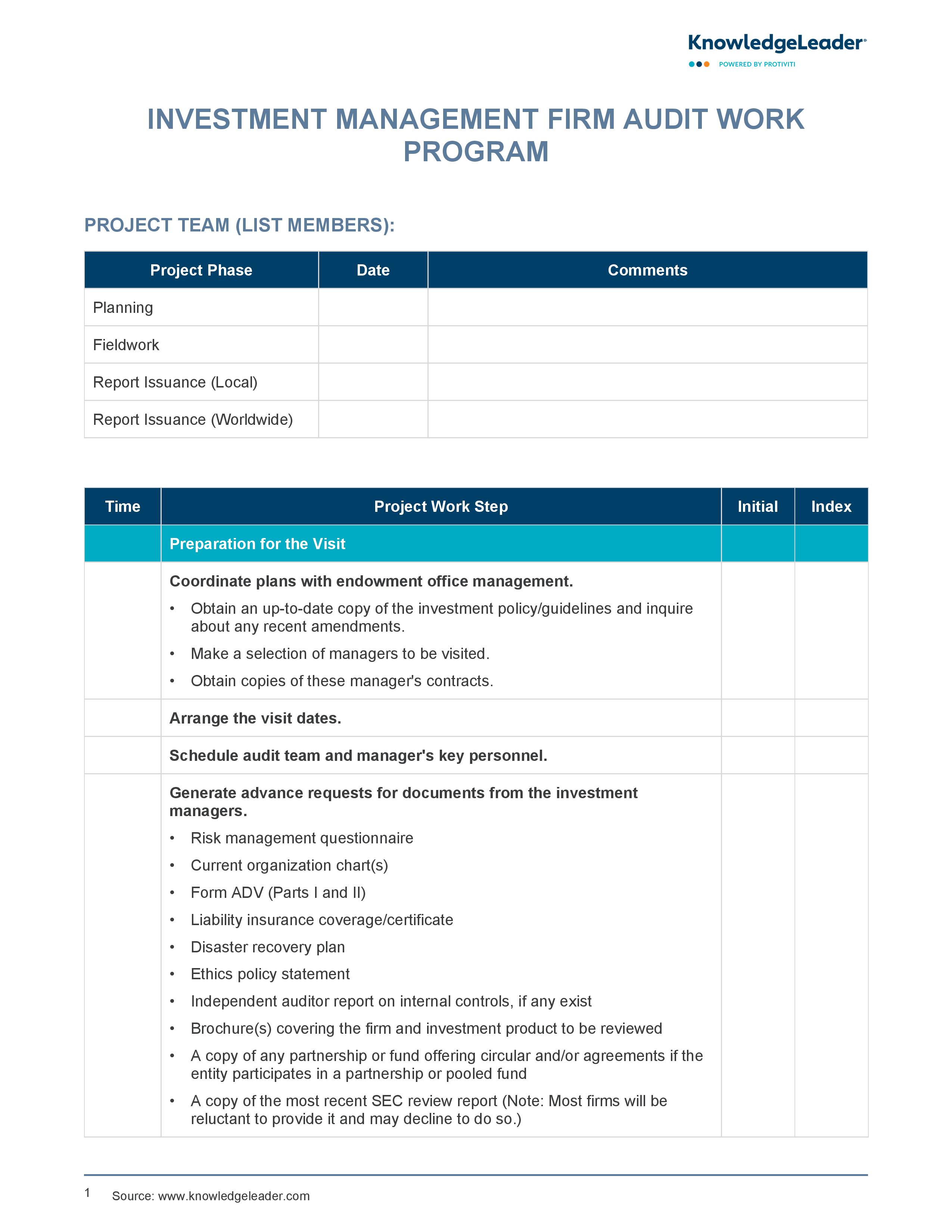 screenshot of the first page of Investment Management Firm Audit Work Program