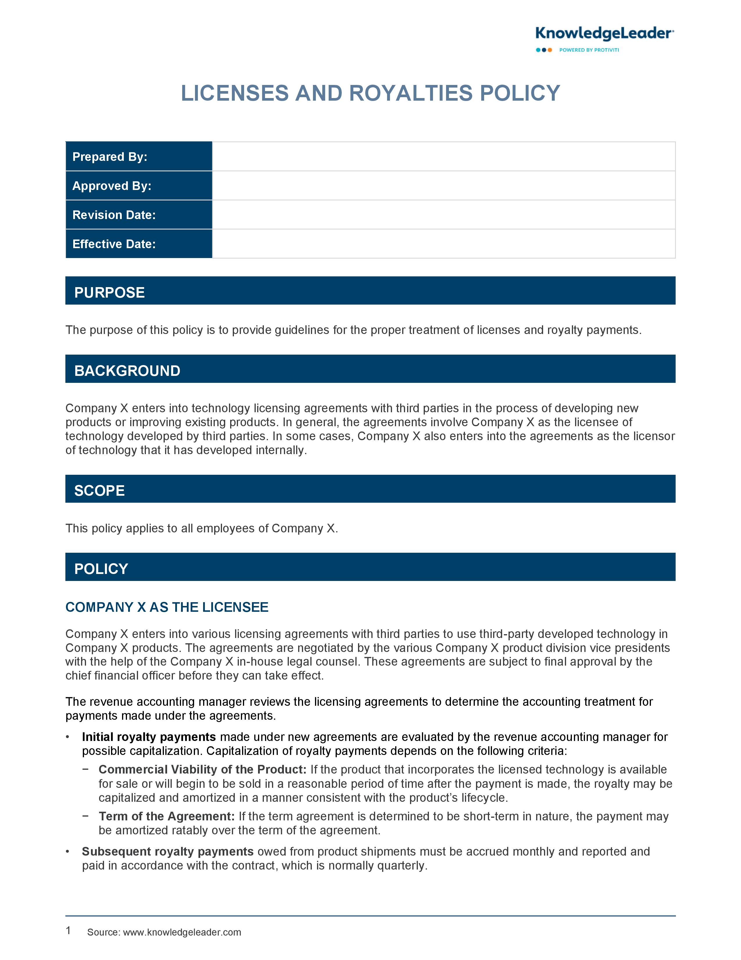 Screenshot of the first page of Licenses and Royalties Policy