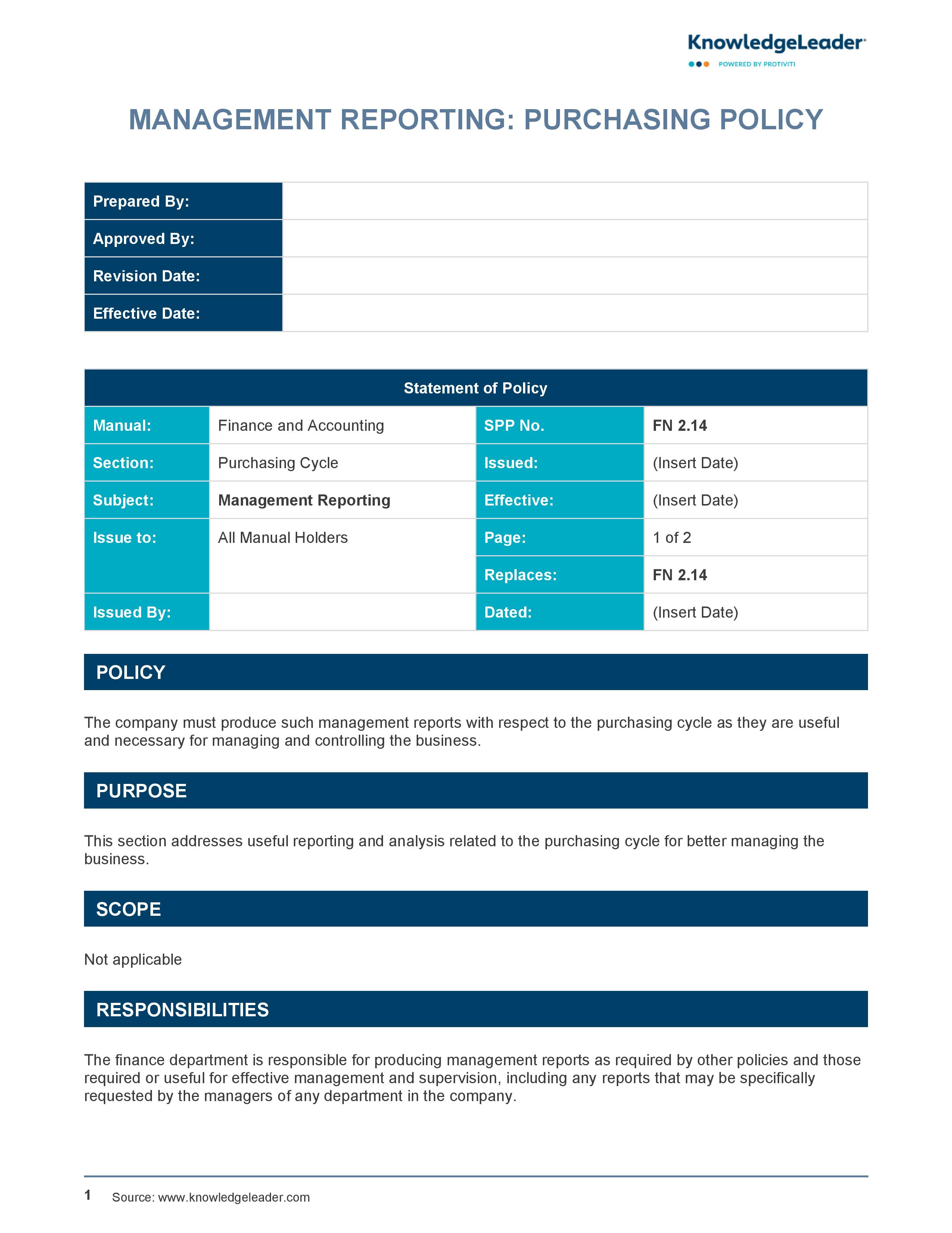 Screenshot of the first page of Management Reporting - Purchasing Policy