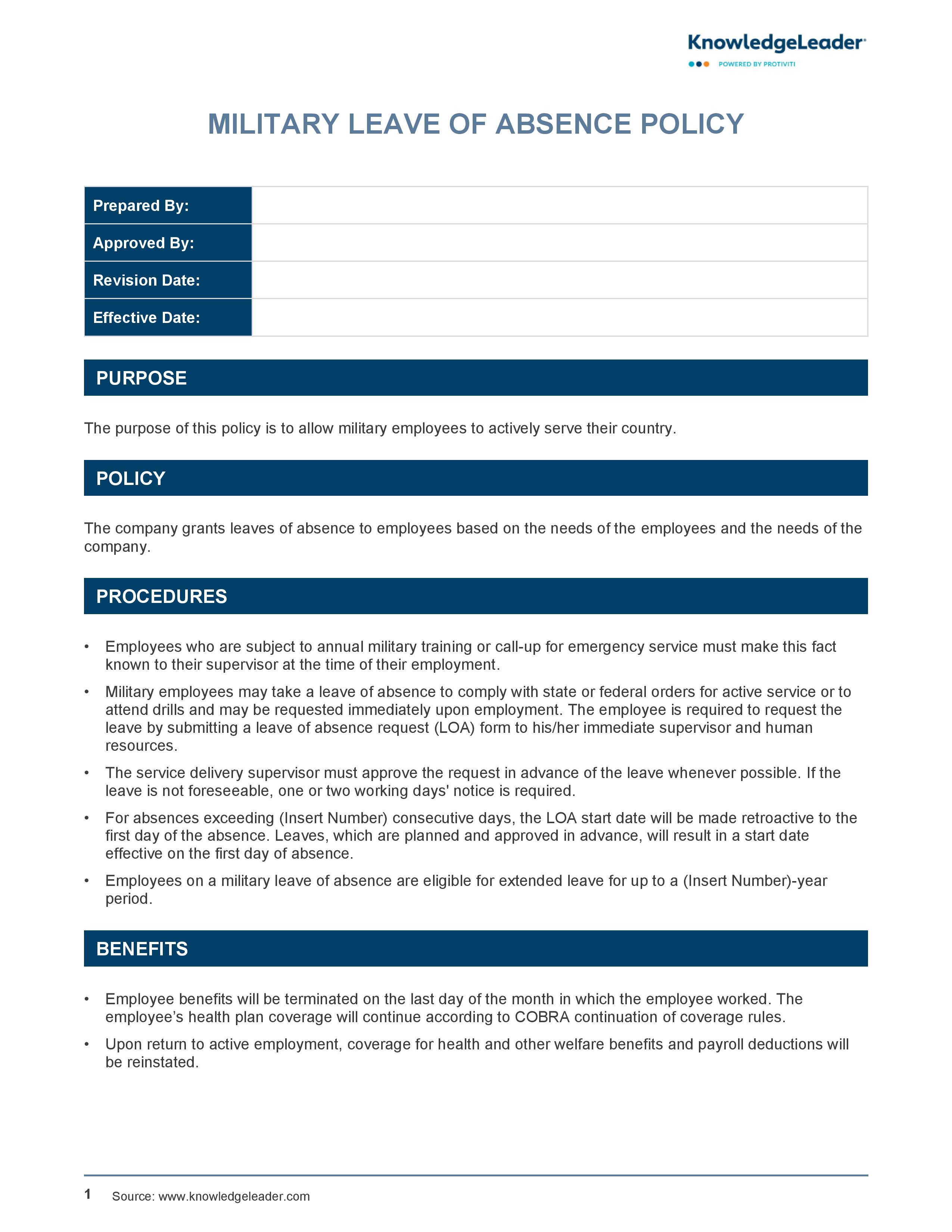 Screenshot of the first page of Military Leave of Absence Policy