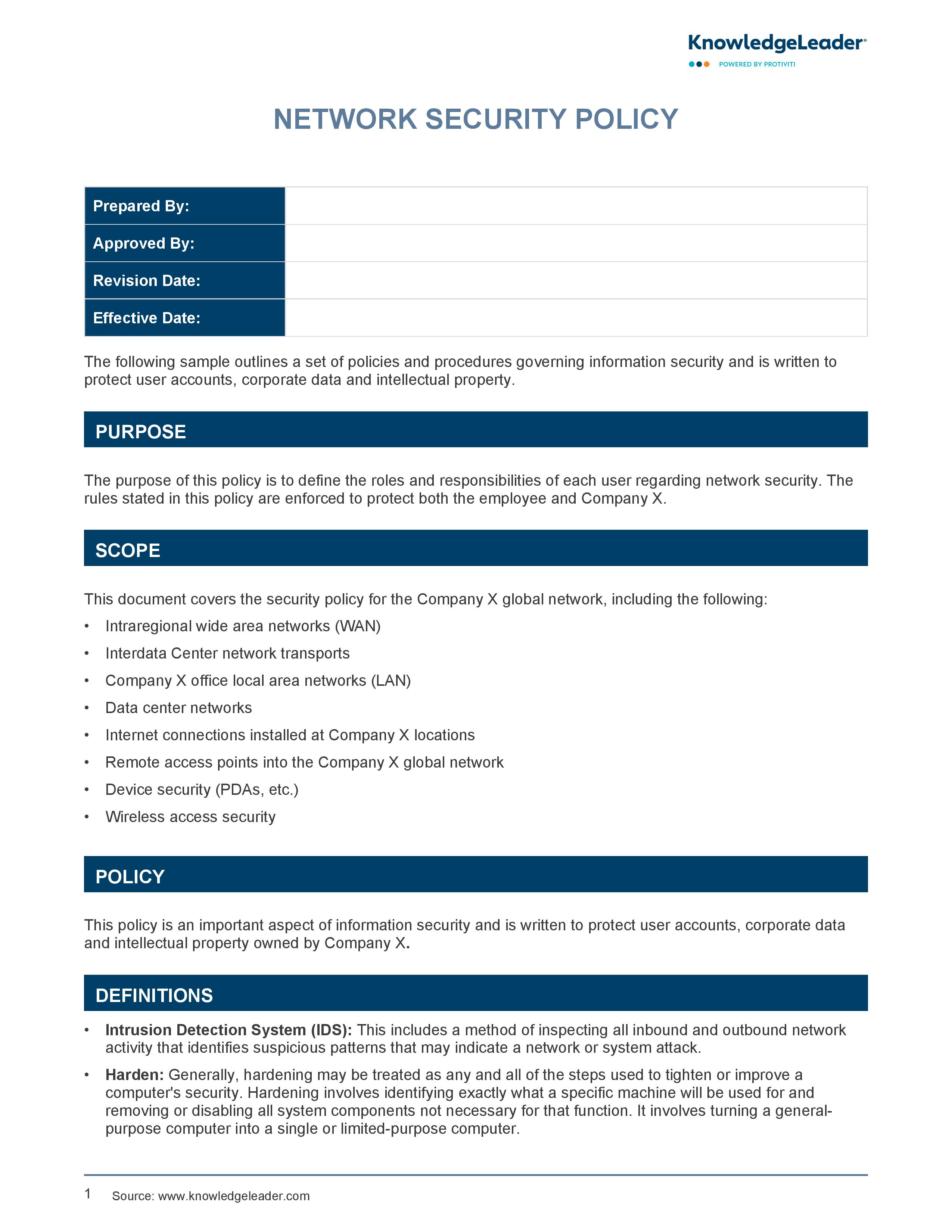 screenshot of the first page of Network Security Policy