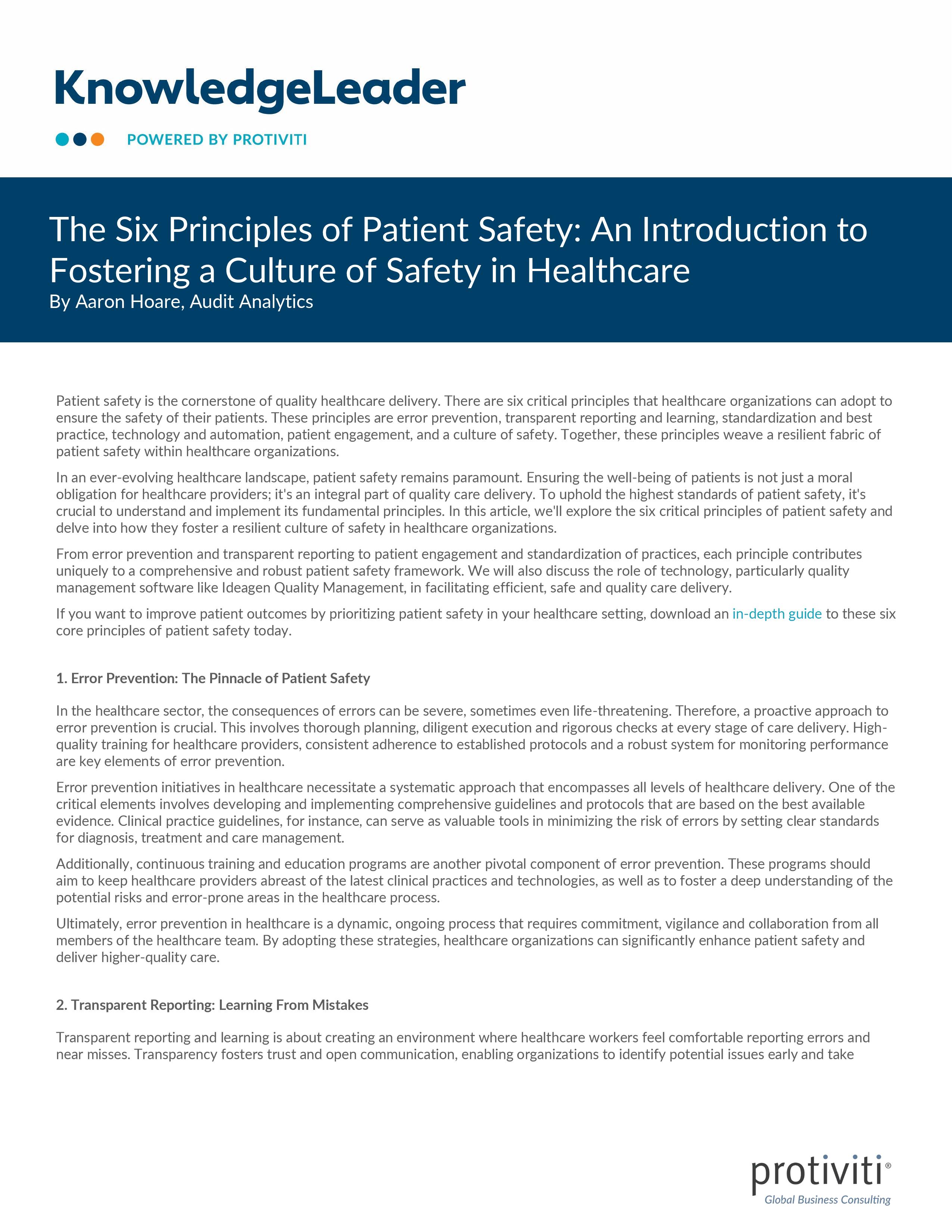 screenshot of the first page of The Six Principles of Patient Safety An Introduction to Fostering a Culture of Safety in Healthcare