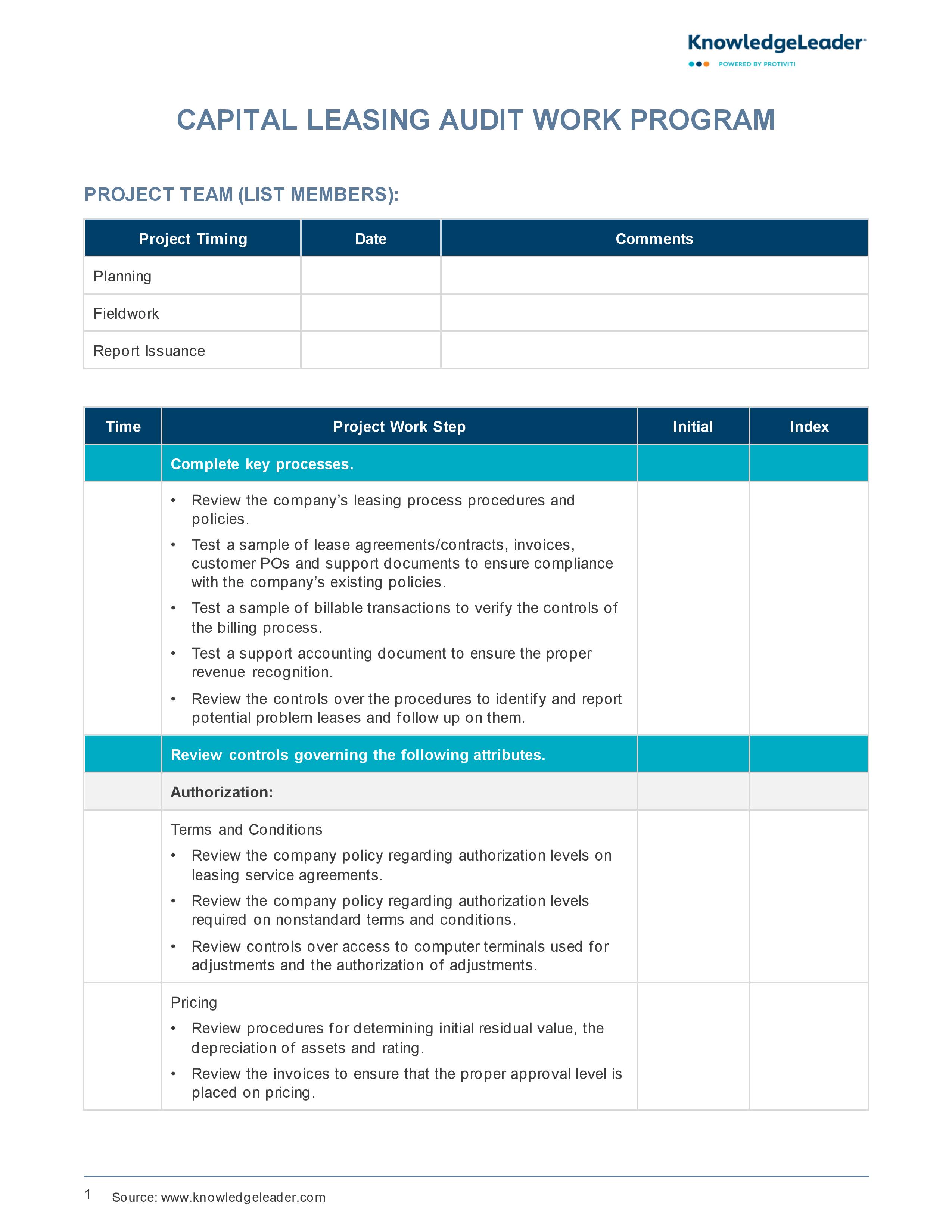 Screenshot of the first page of Capital Leasing Audit Work Program