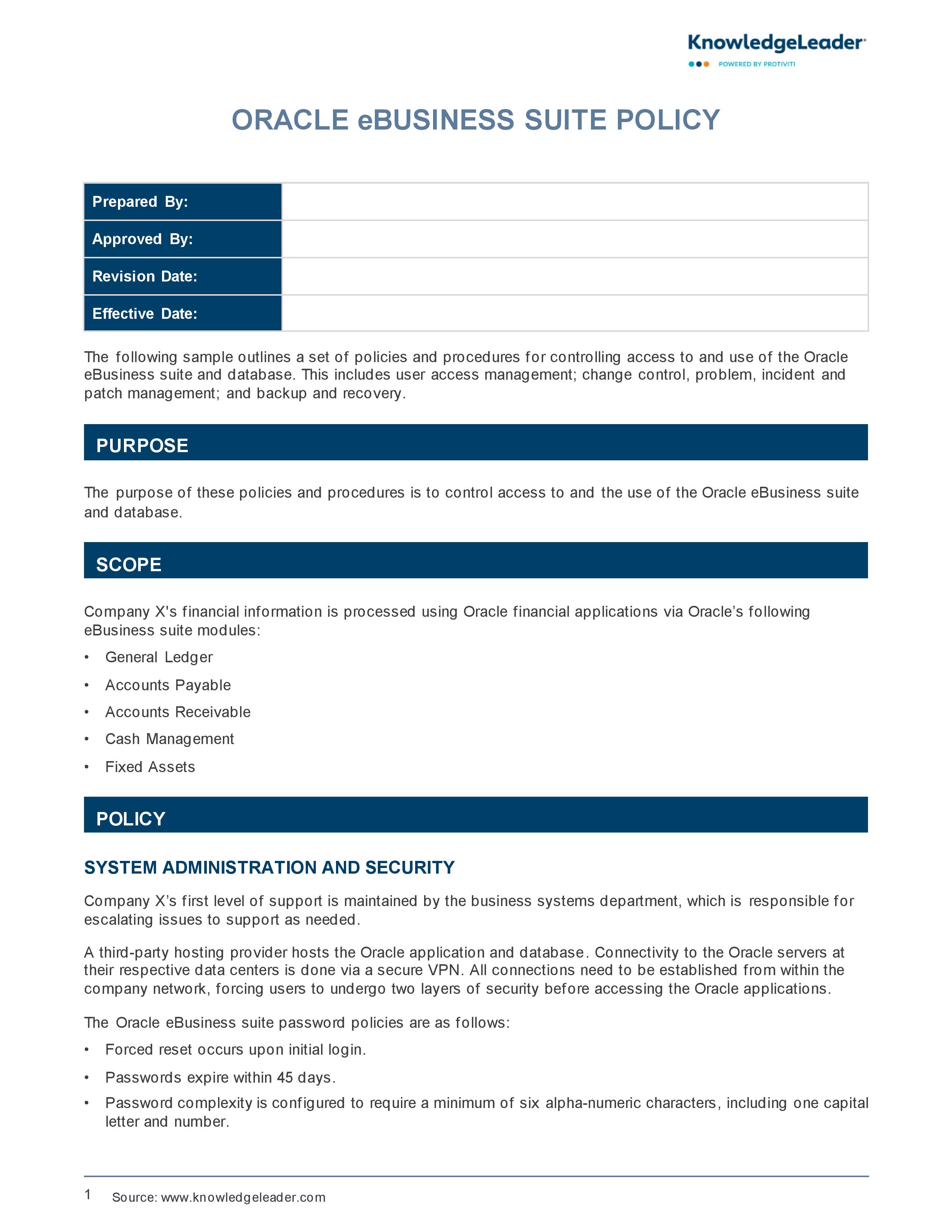 Screenshot of the first page of Oracle eBusiness Suite Policy
