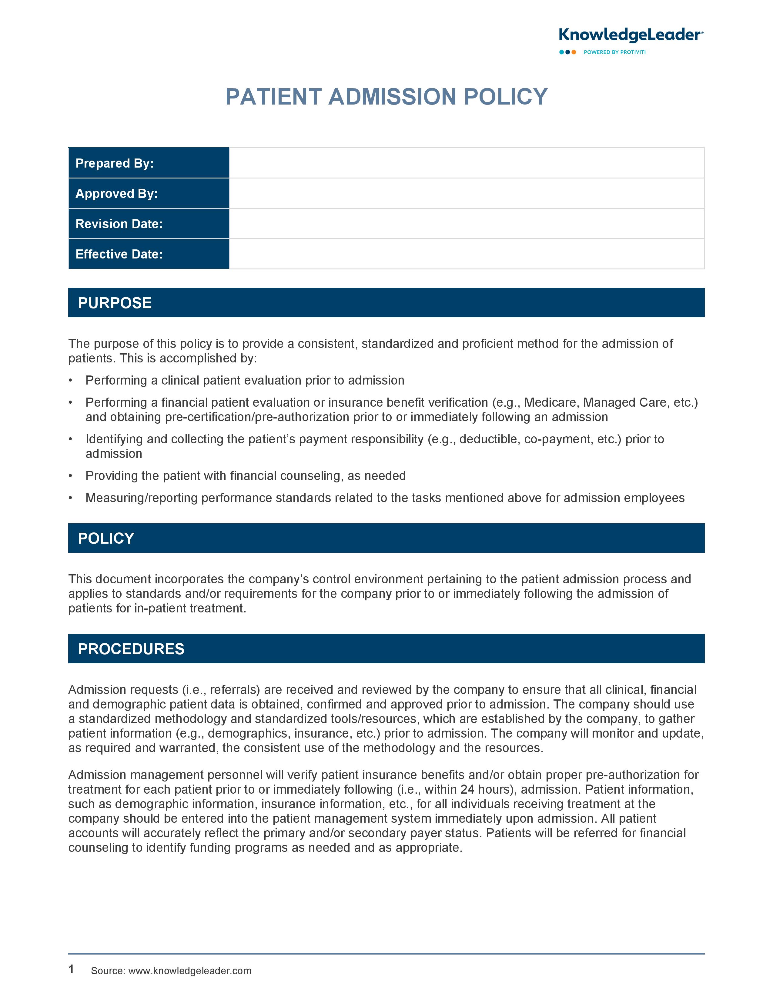 screenshot of the first page of Patient Admission Policy