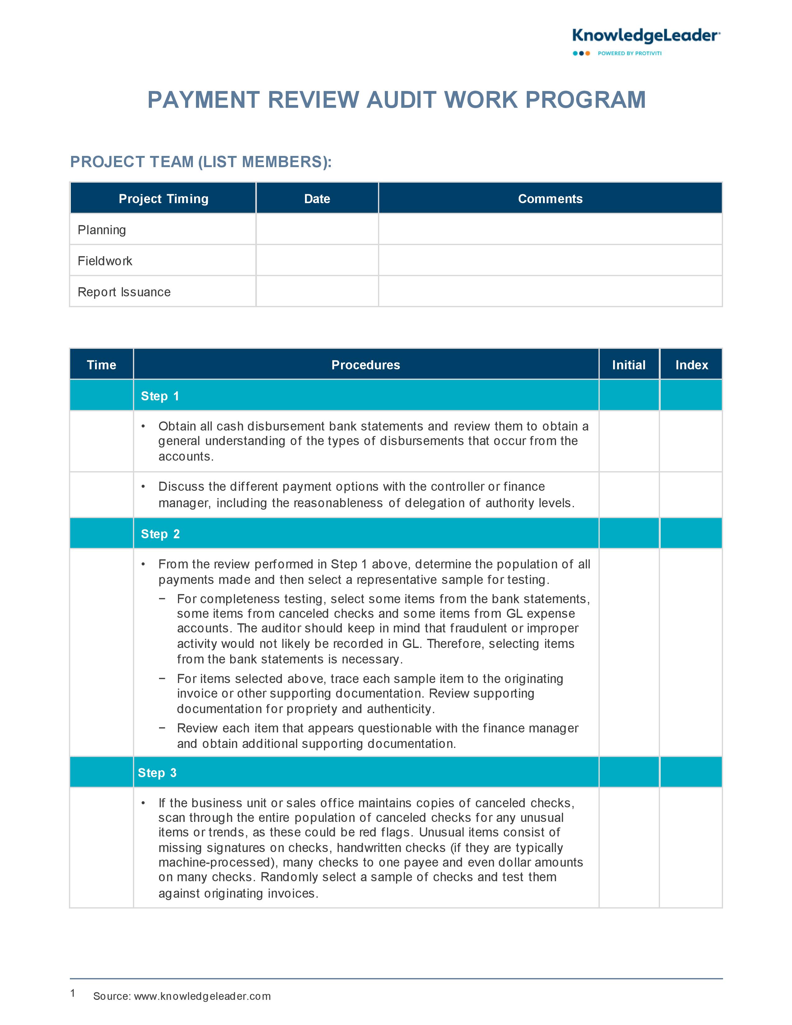 Screenshot of the first page of Payment Review Audit Work Program