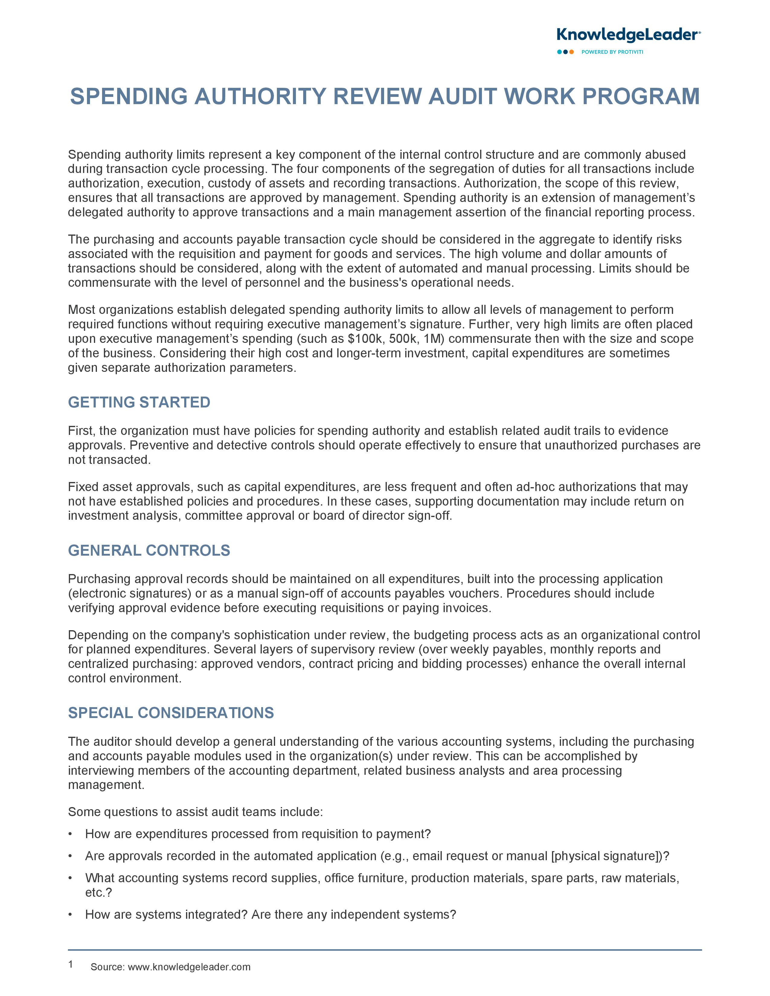 screenshot of the first page of Spending Authority Review Audit Work Program
