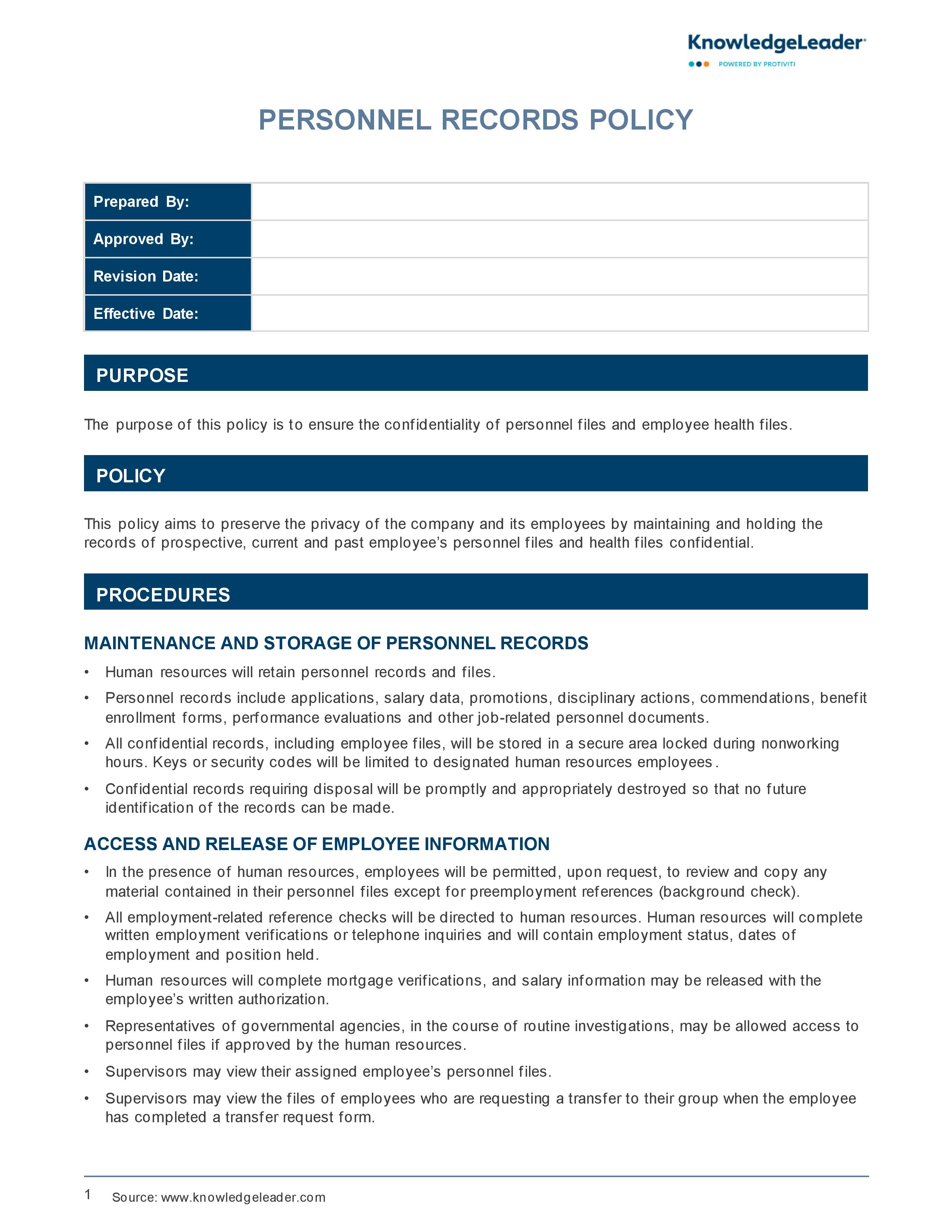 Screenshot of the first page of Personnel Records Policy
