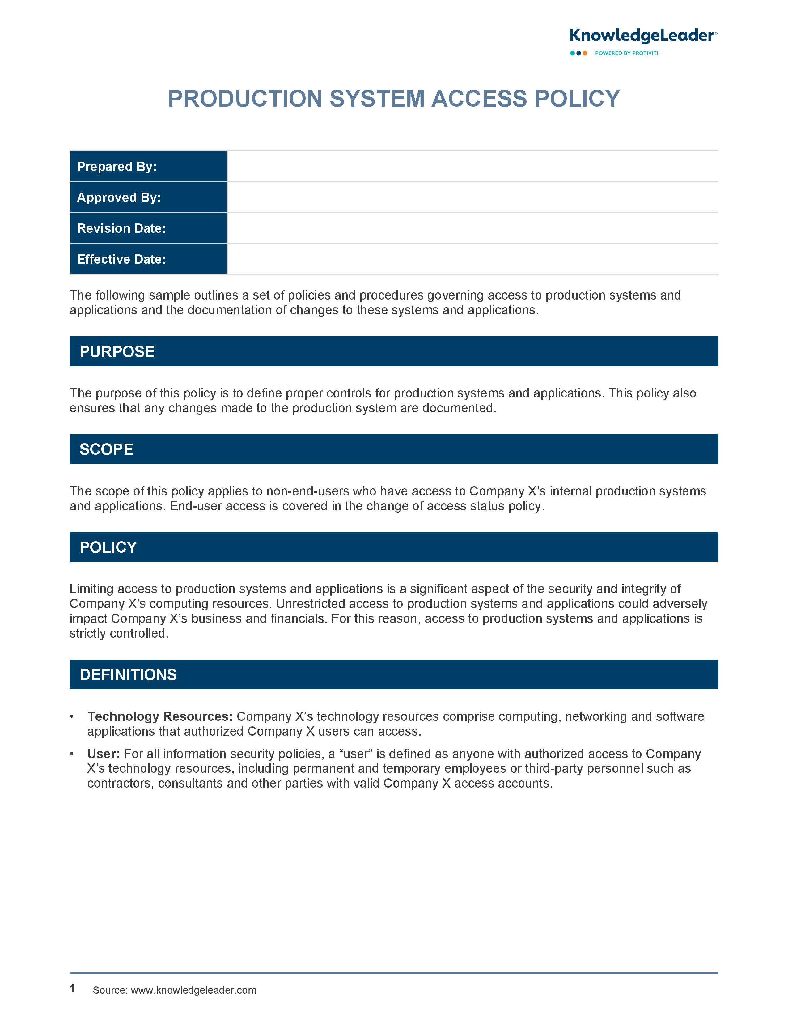 screenshot of the first page of Production System Access Policy