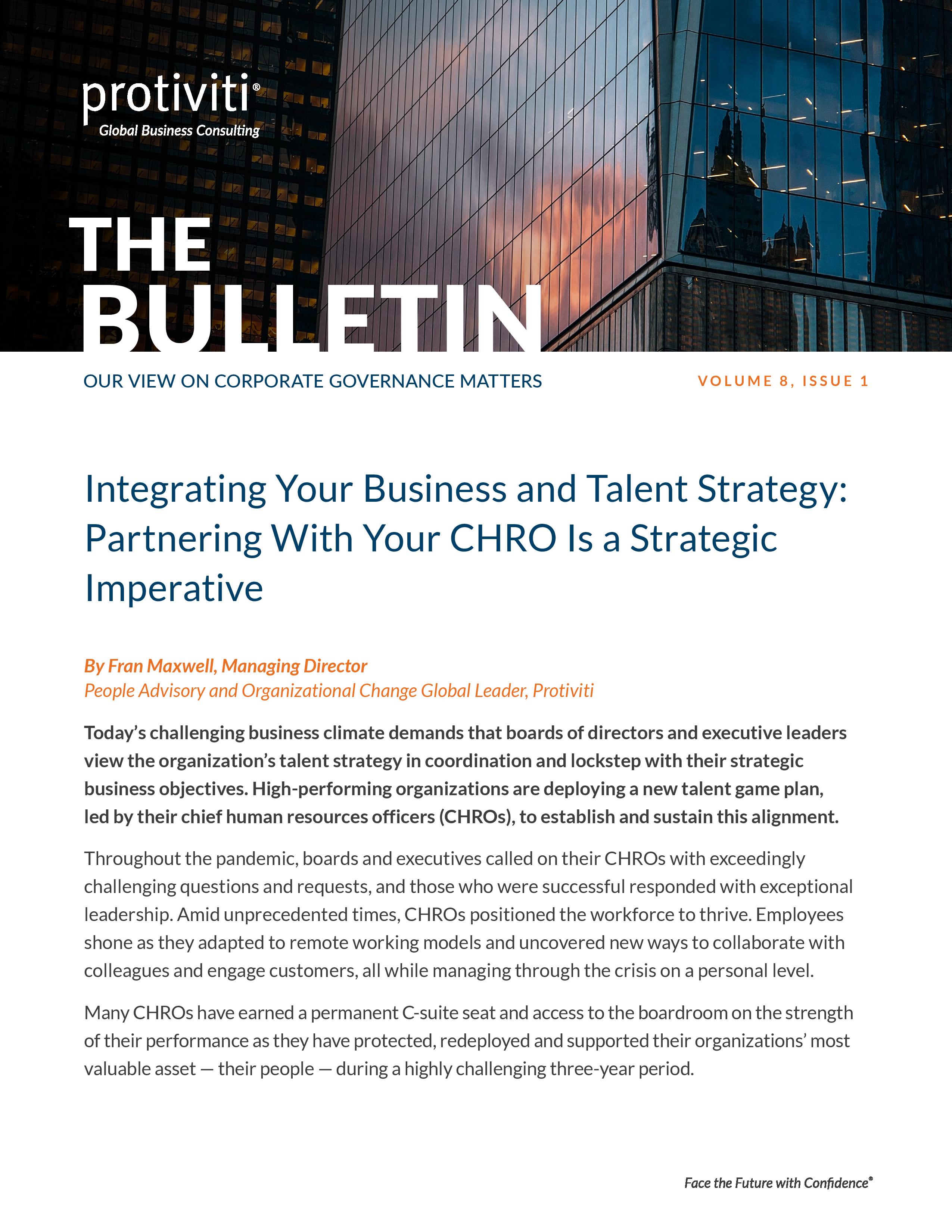 screenshot of the first page of Integrating Your Business and Talent Strategy Partnering With Your CHRO Is a Strategic Imperative