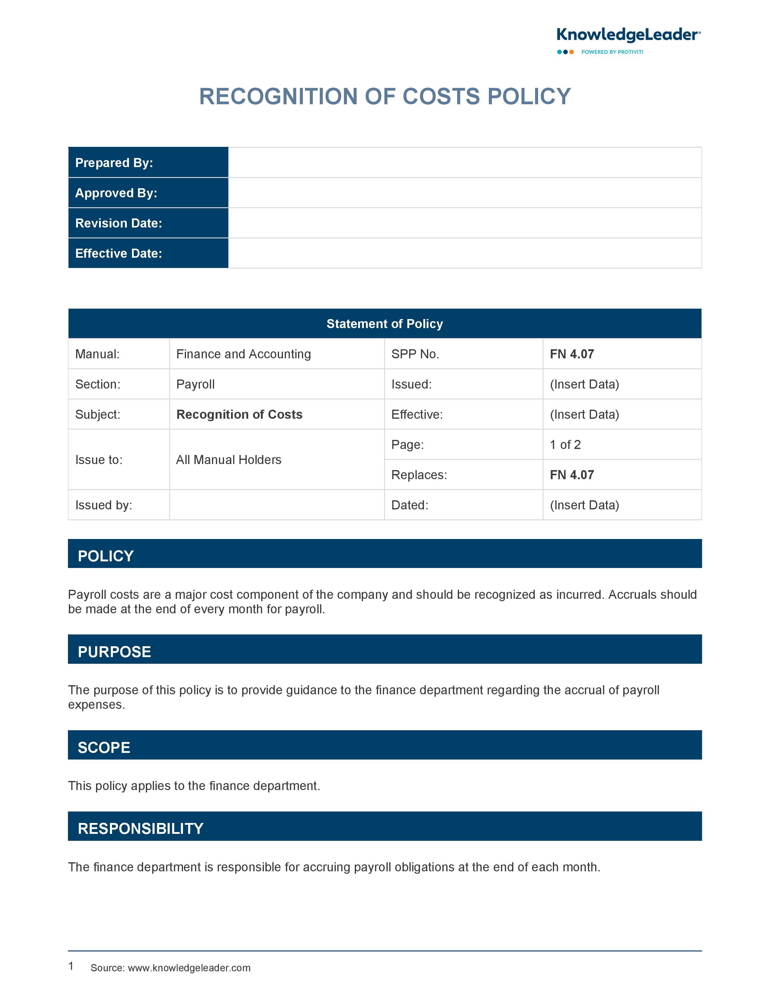 screenshot of the first page of Recognition of Costs Policy