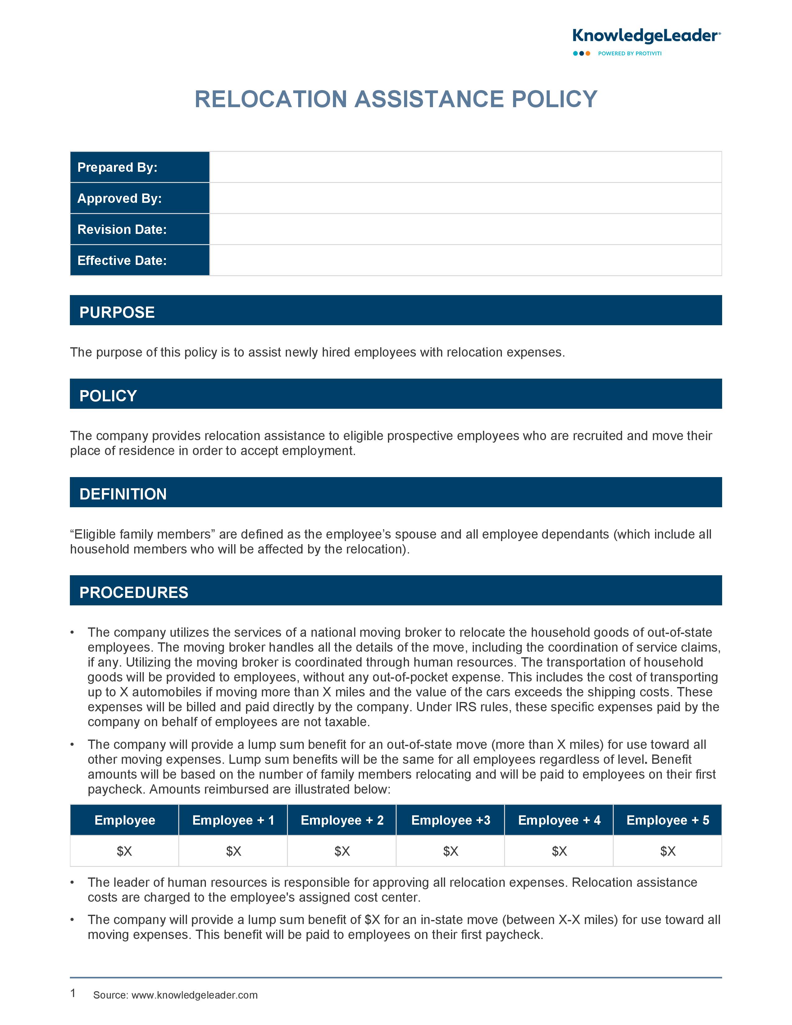 screenshot of the first page of Relocation Assistance Policy