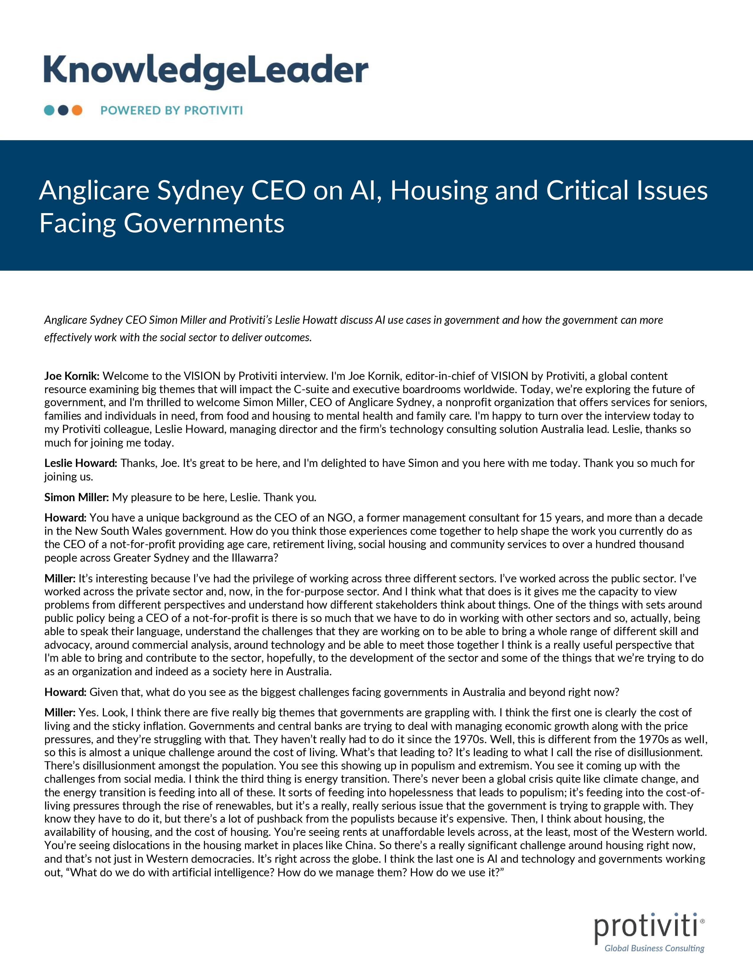 screenshot of the first page of Anglicare Sydney CEO on AI, Housing and Critical Issues Facing Governments