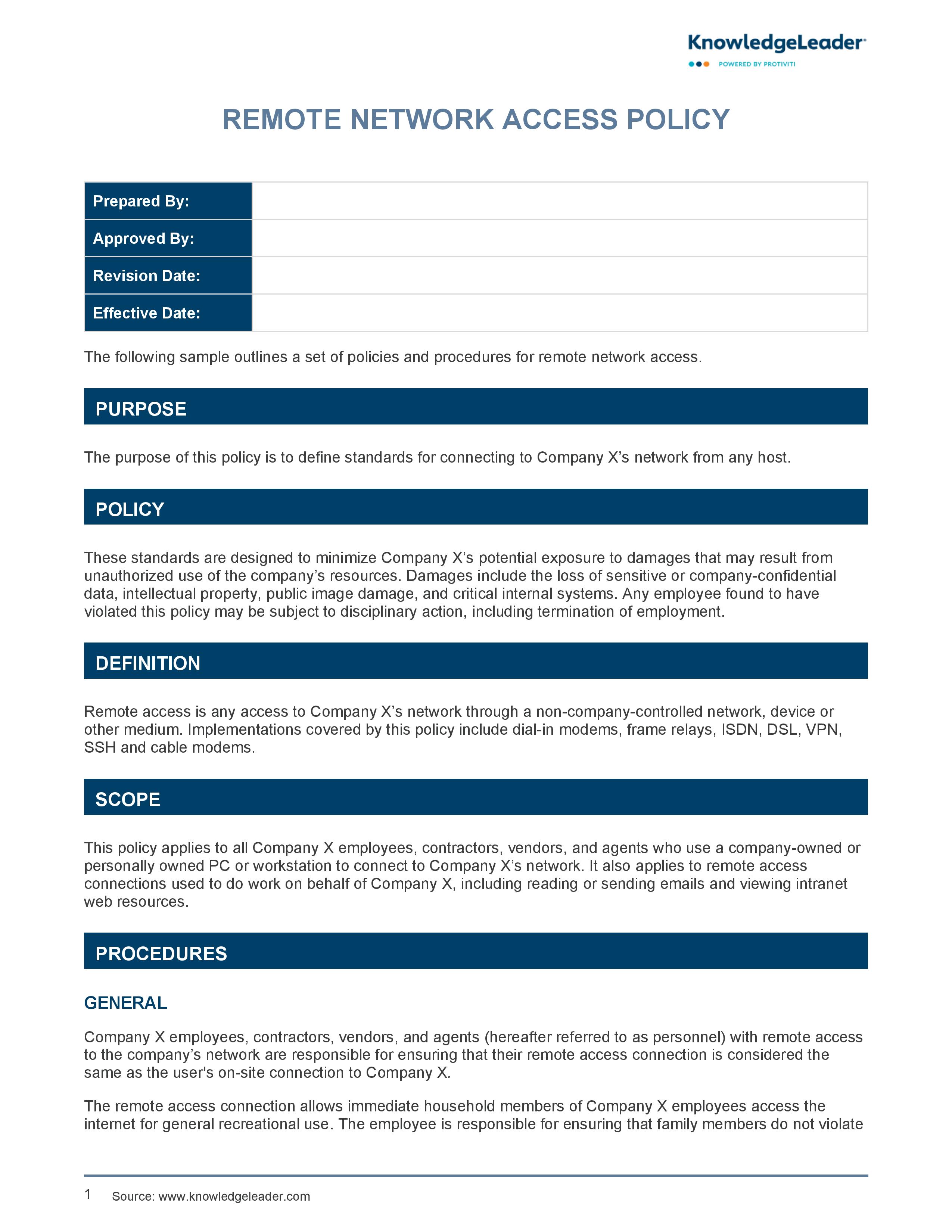Screenshot of the first page of Remote Network Access Policy