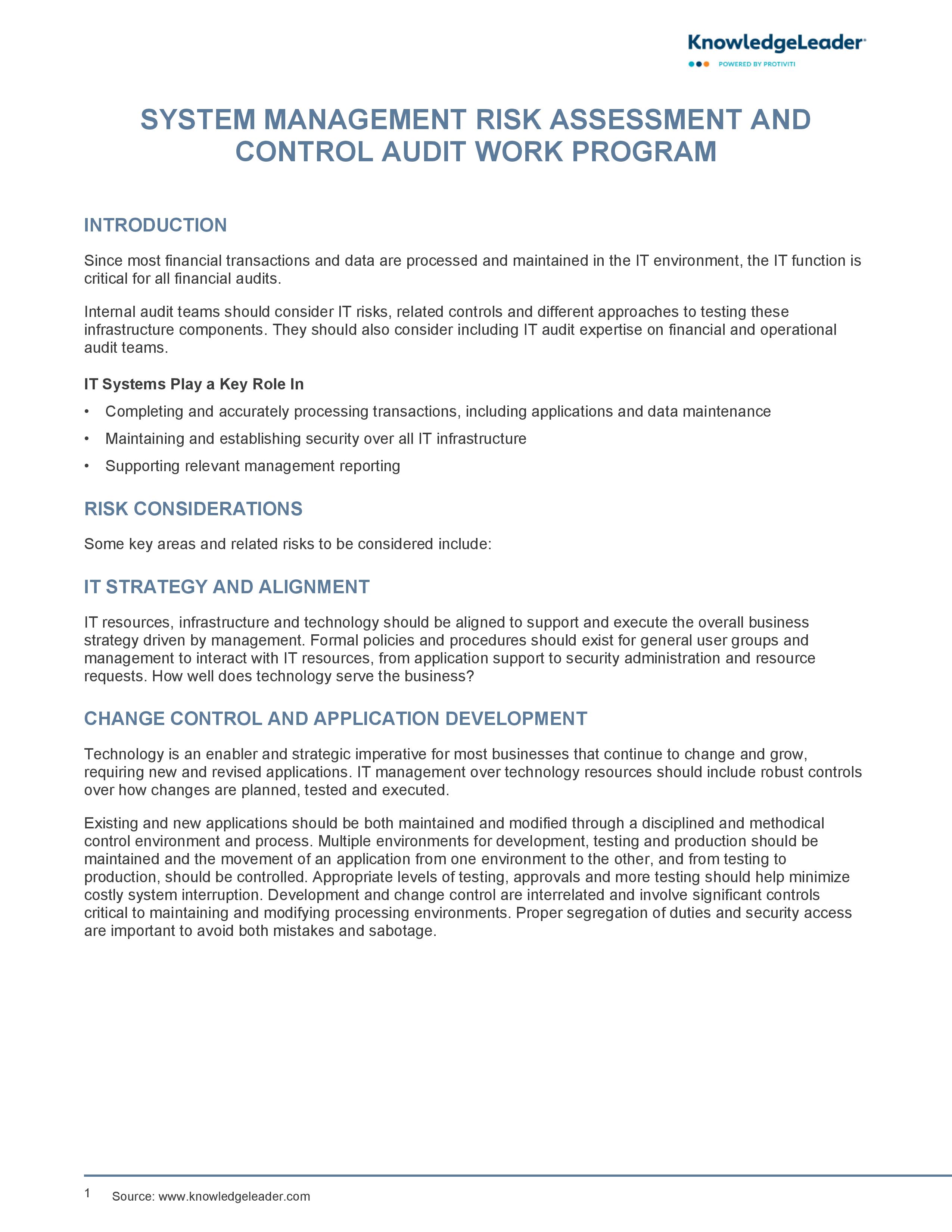 Screenshot of the first page of System Management Risk Assessment and Control Audit Work Program