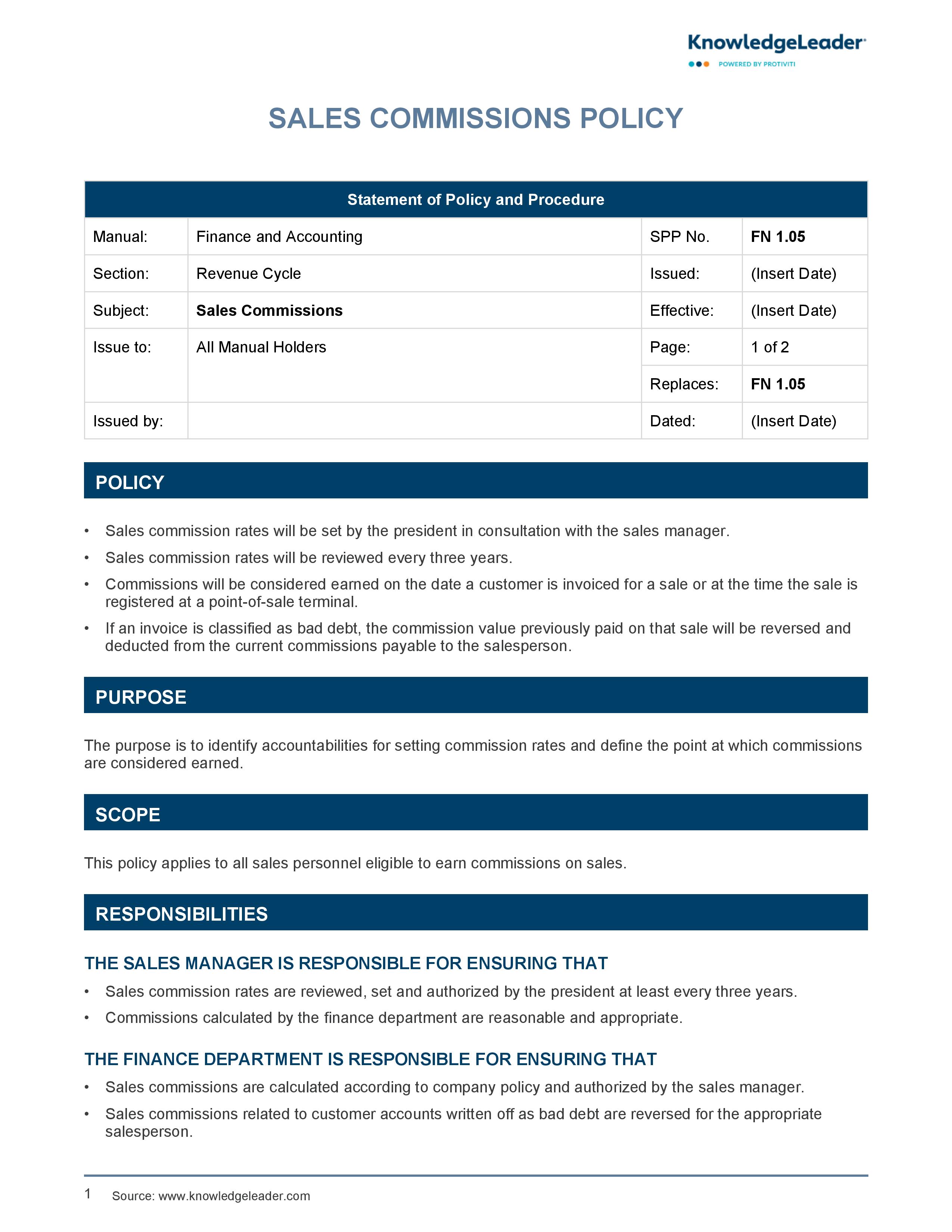 screenshot of the first page of Sales Commissions Policy