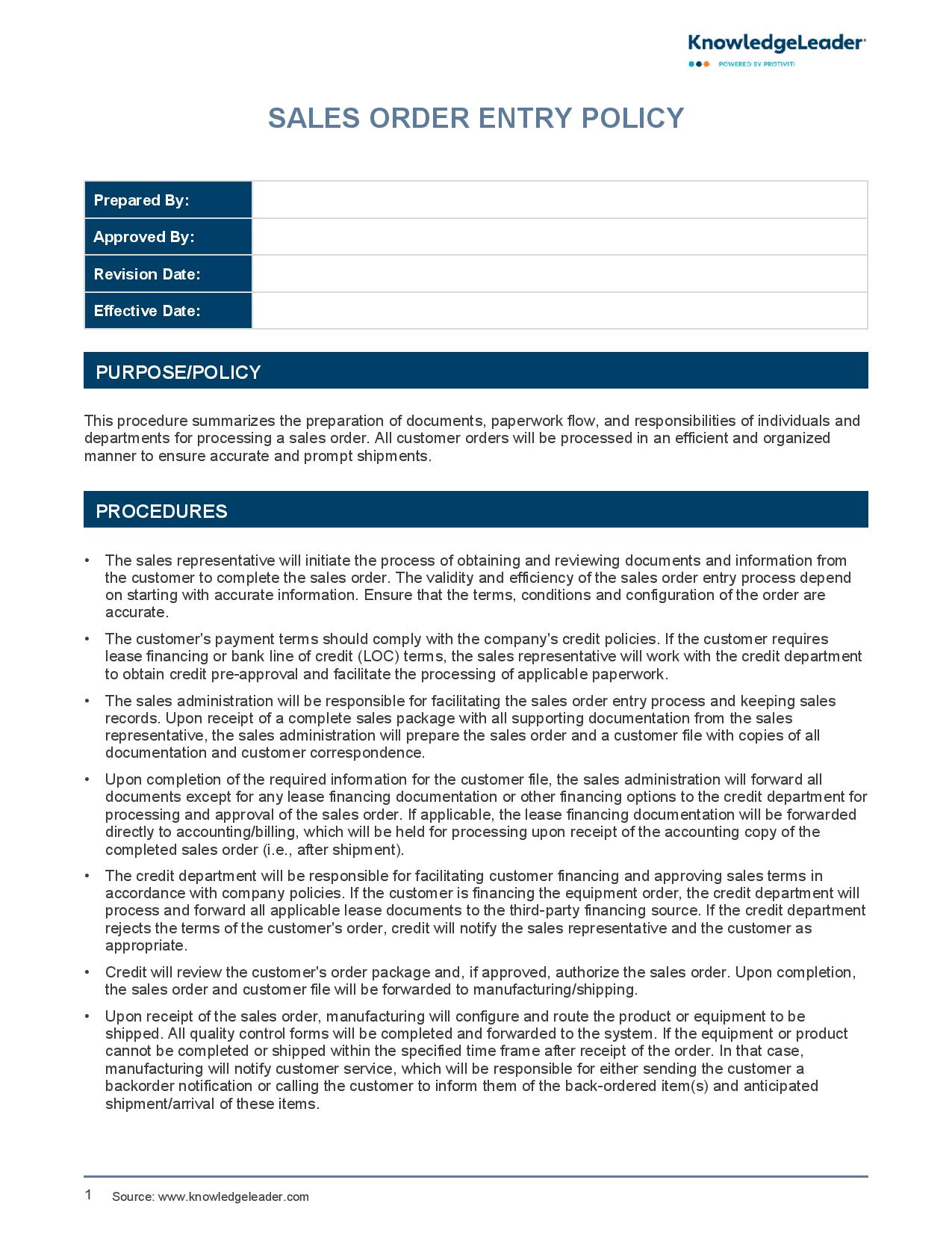 screenshot of the first page of Sales Order Entry Policy