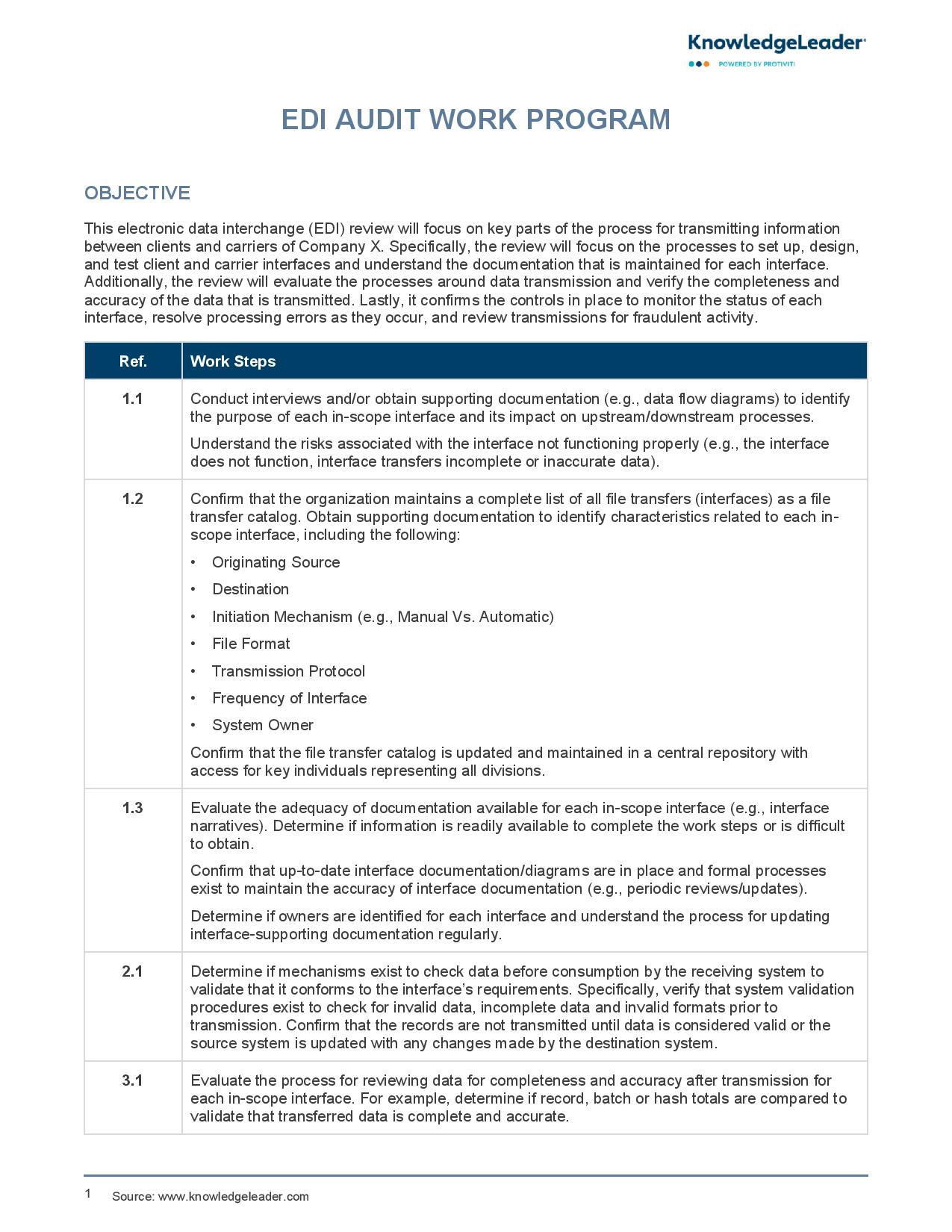 screenshot of the first page of EDI Audit Work Program