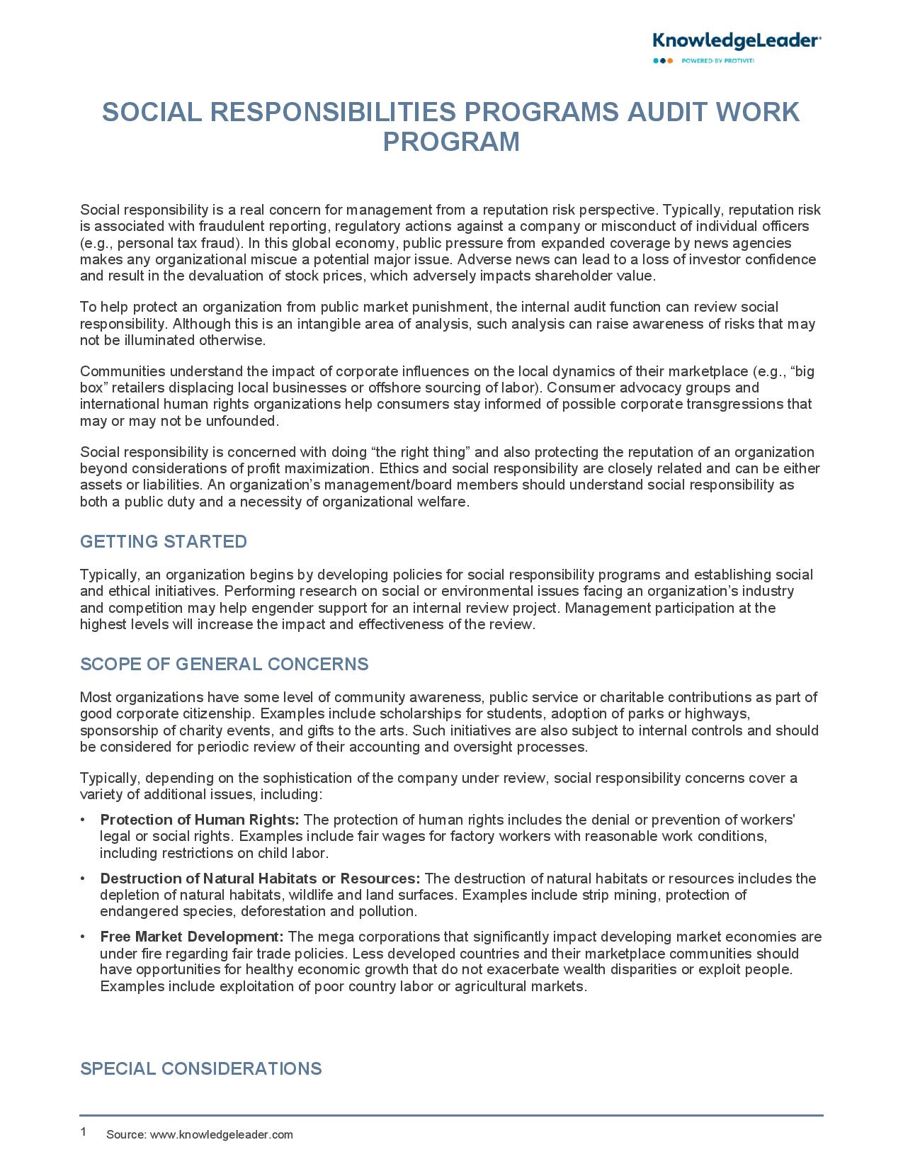 Screenshot of the first page of Social Responsibilities Programs Work Program