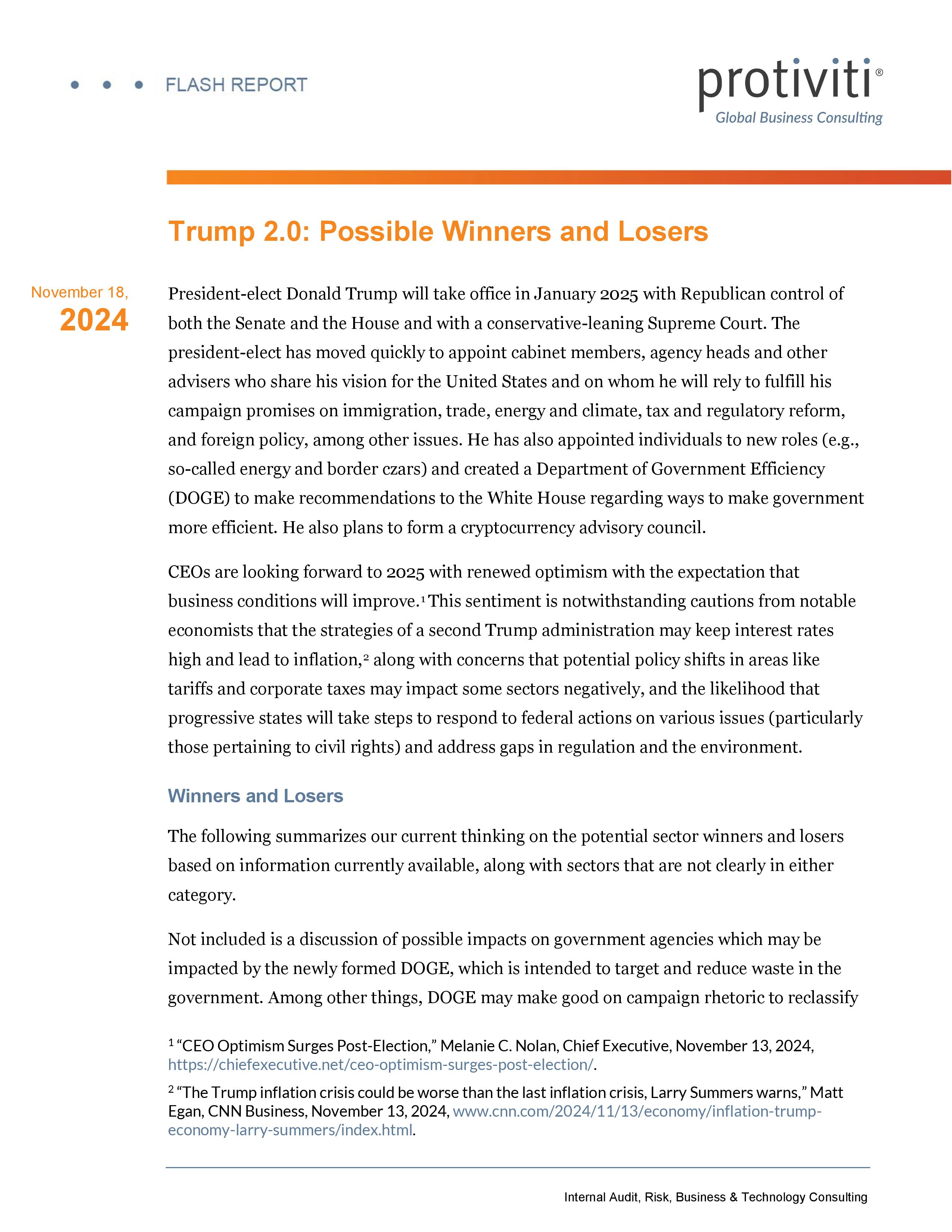 screenshot of the first page of Trump 2.0 Possible Winners and Losers