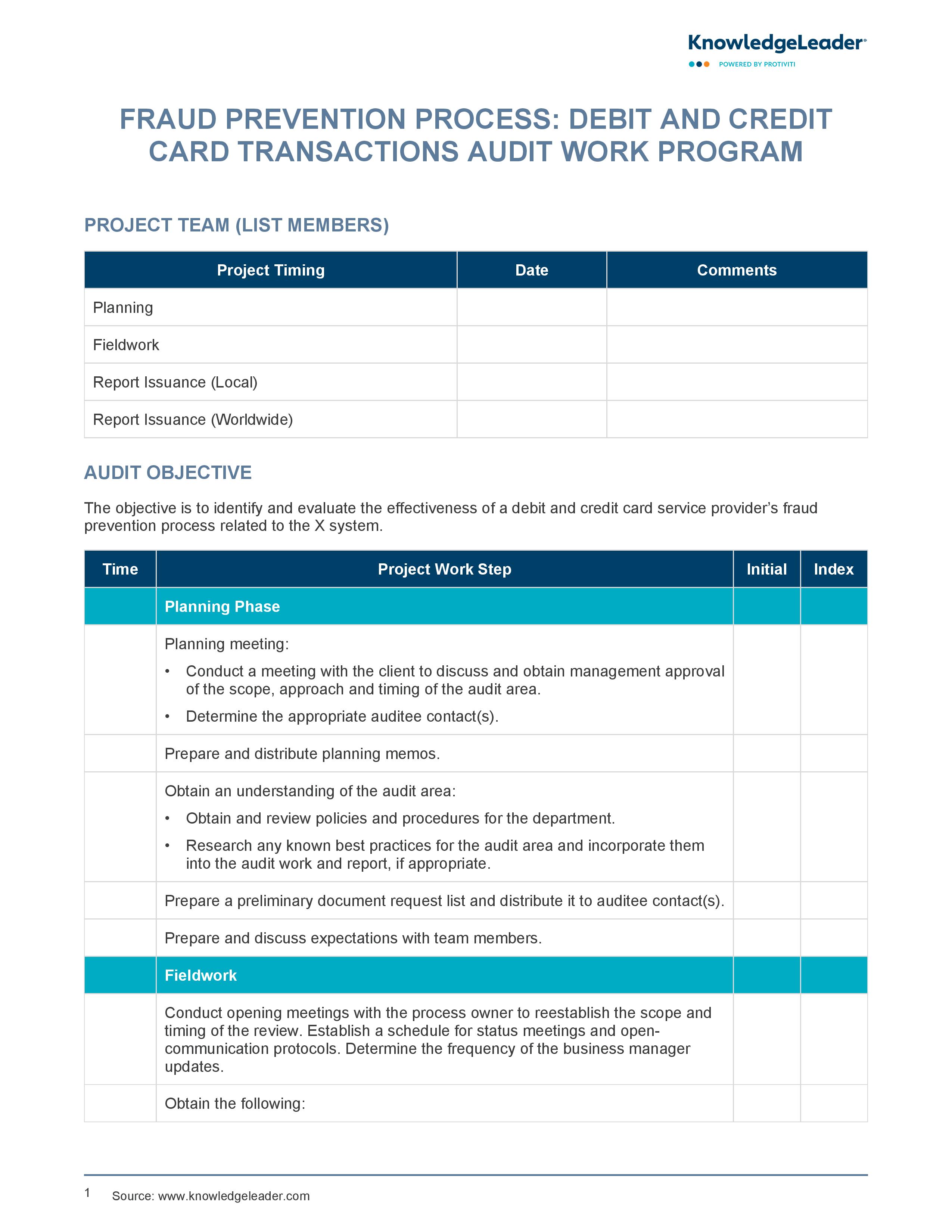 screenshot of the first page of Fraud Prevention Process Debit and Credit Card Transactions Audit Work Program