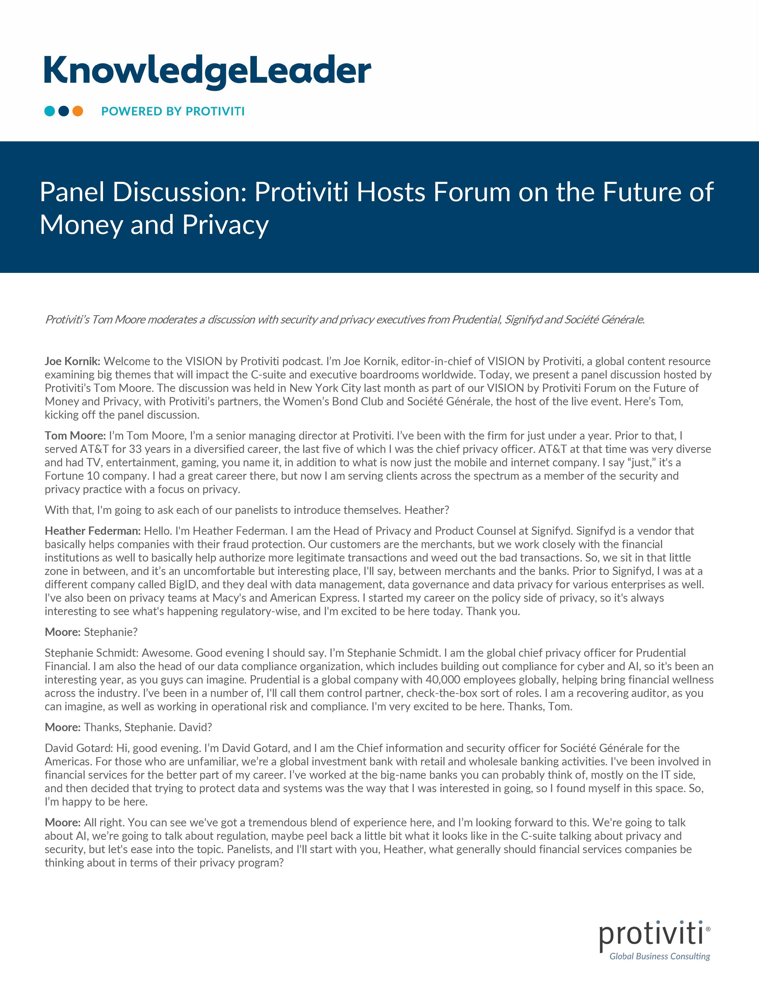 Screenshot of the first page of Panel Discussion Protiviti Hosts Forum on the Future of Money and Privacy