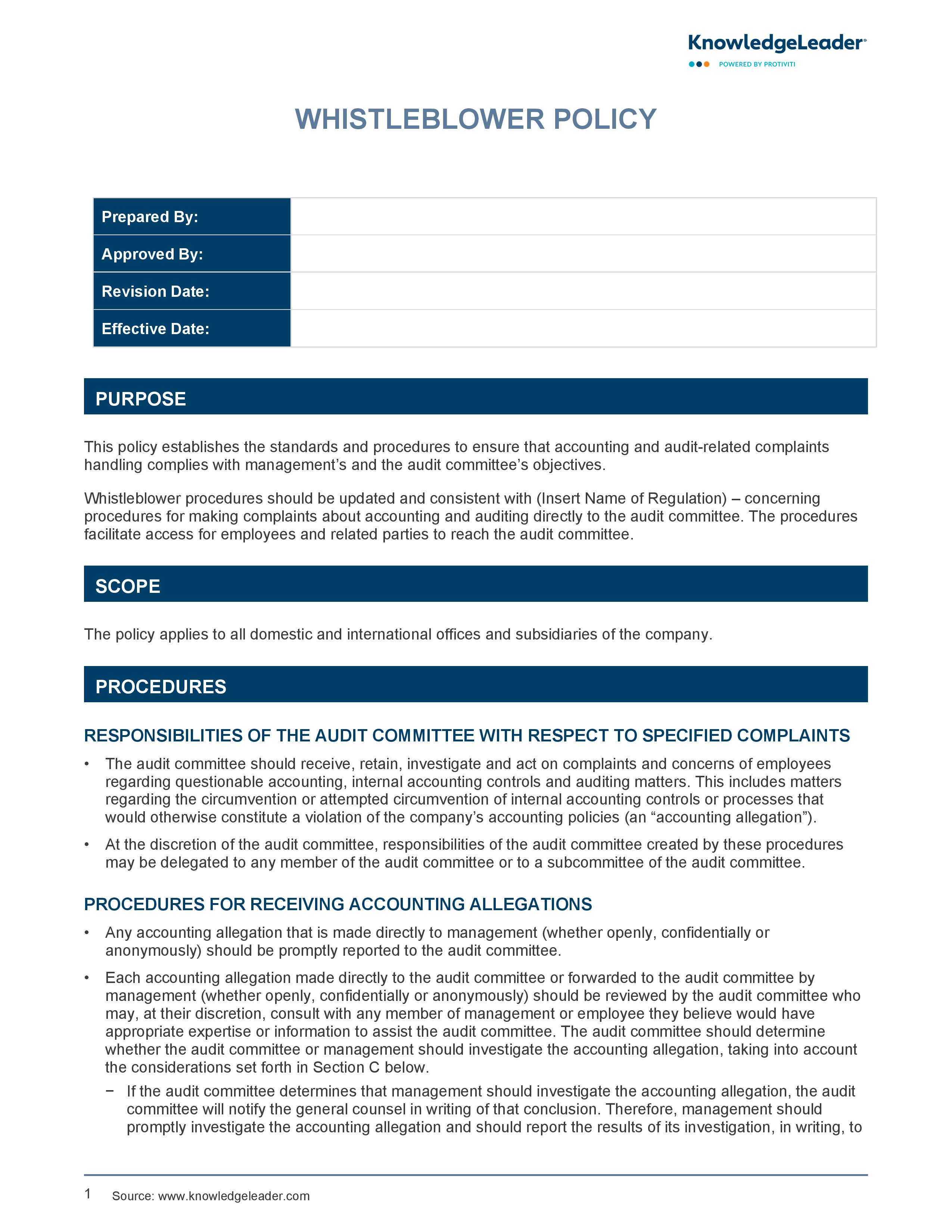 screenshot of the first page of Whistleblower Policy