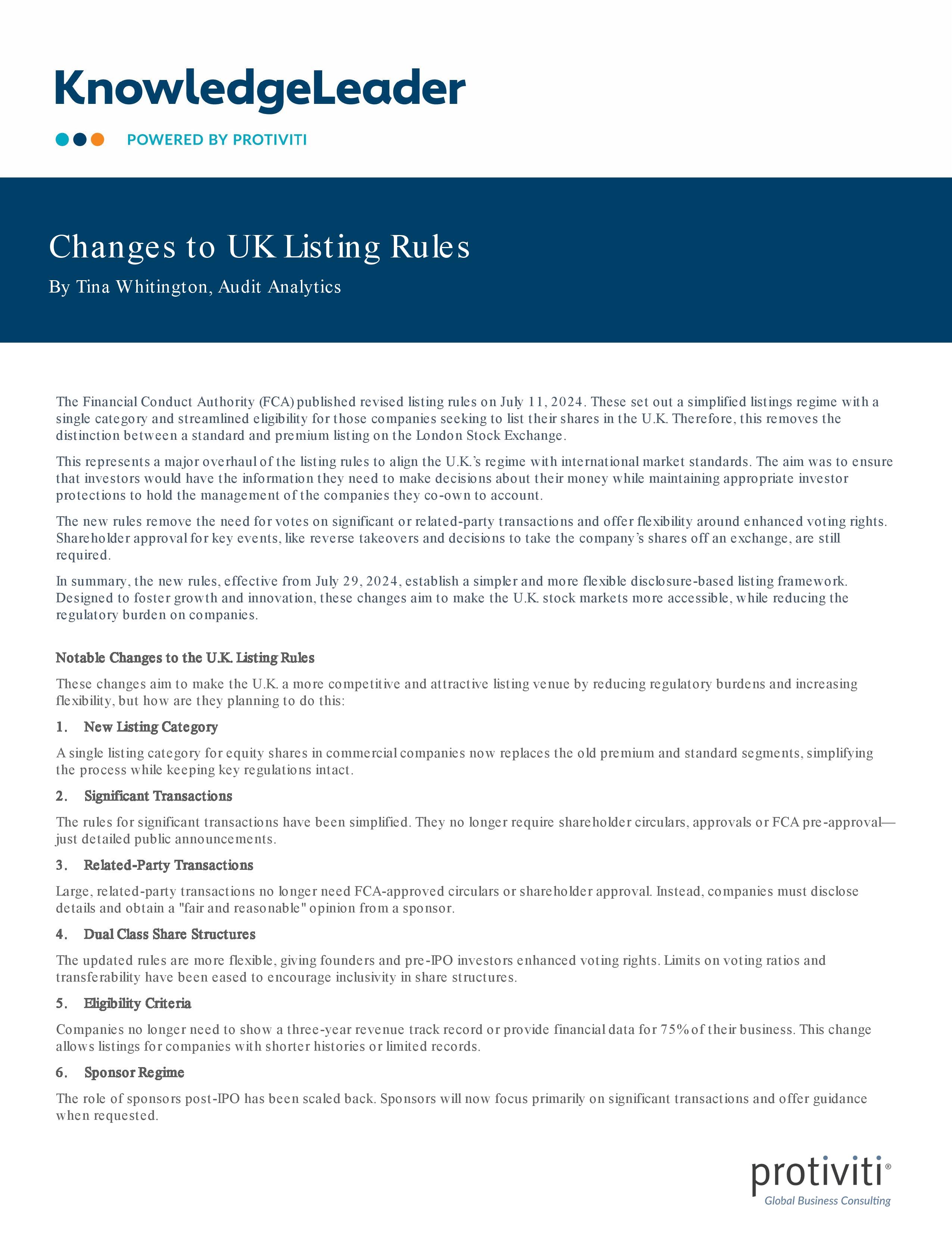 screenshot of the first page of Changes to UK Listing Rules